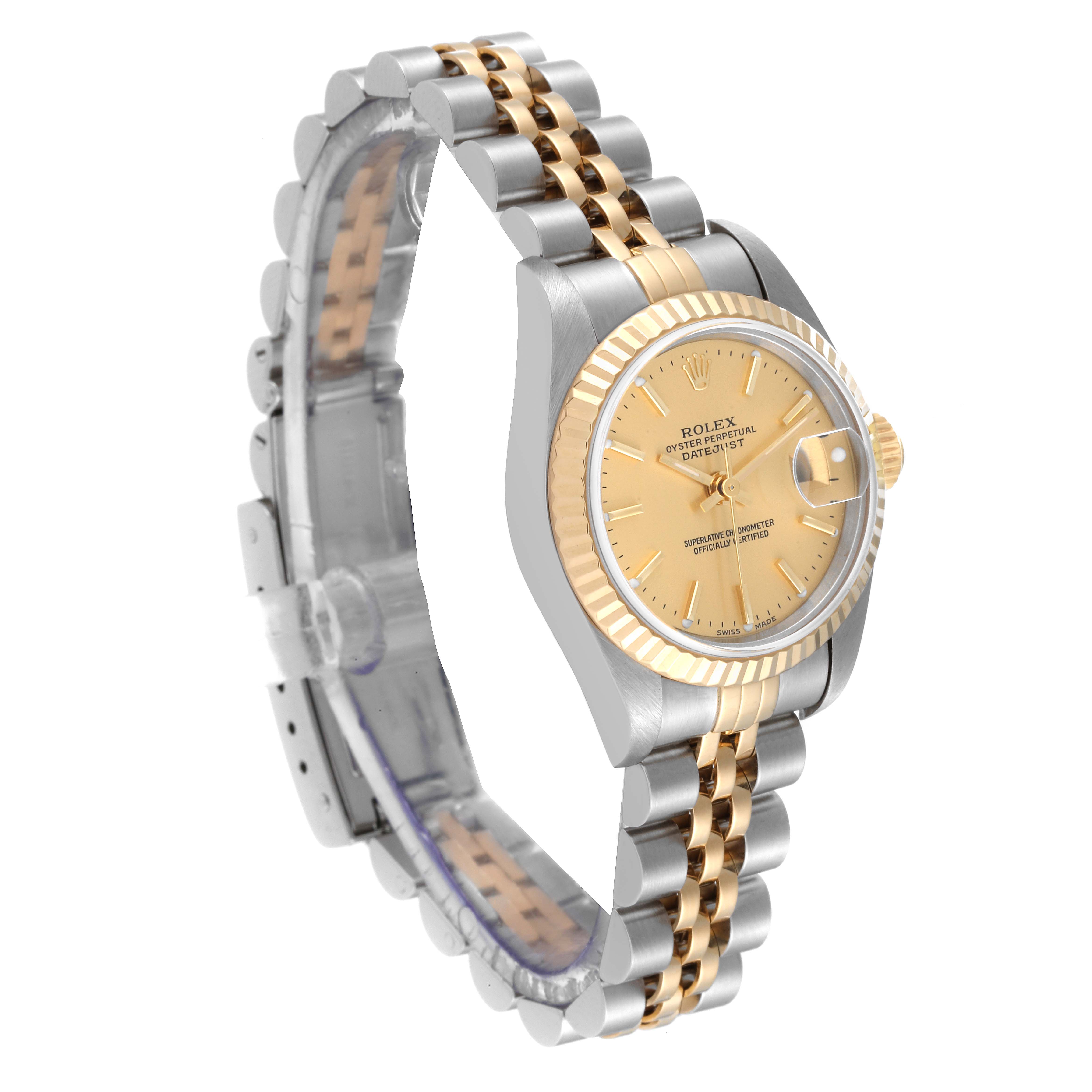 The image shows a side angle of a Rolex Datejust 79173 Women's Steel and Gold (two tone) Champagne Dial 79173 Women's Steel and Gold (two tone) Champagne Dial model, featuring its case and a two-tone jubilee bracelet.