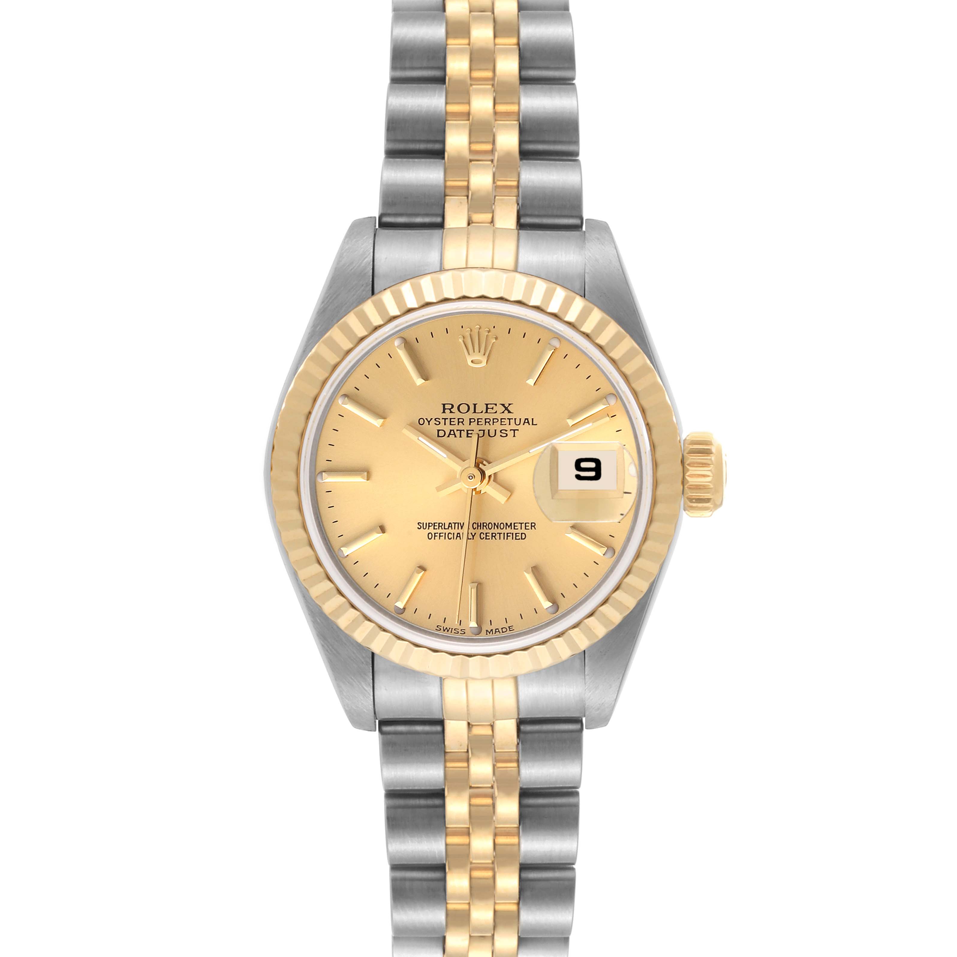 The image shows a full frontal view of a Rolex Datejust 79173 Women's Steel and Gold (two tone) Champagne Dial 79173 Women's Steel and Gold (two tone) Champagne Dial watch, highlighting its gold dial, date window, and two-tone metal bracelet.