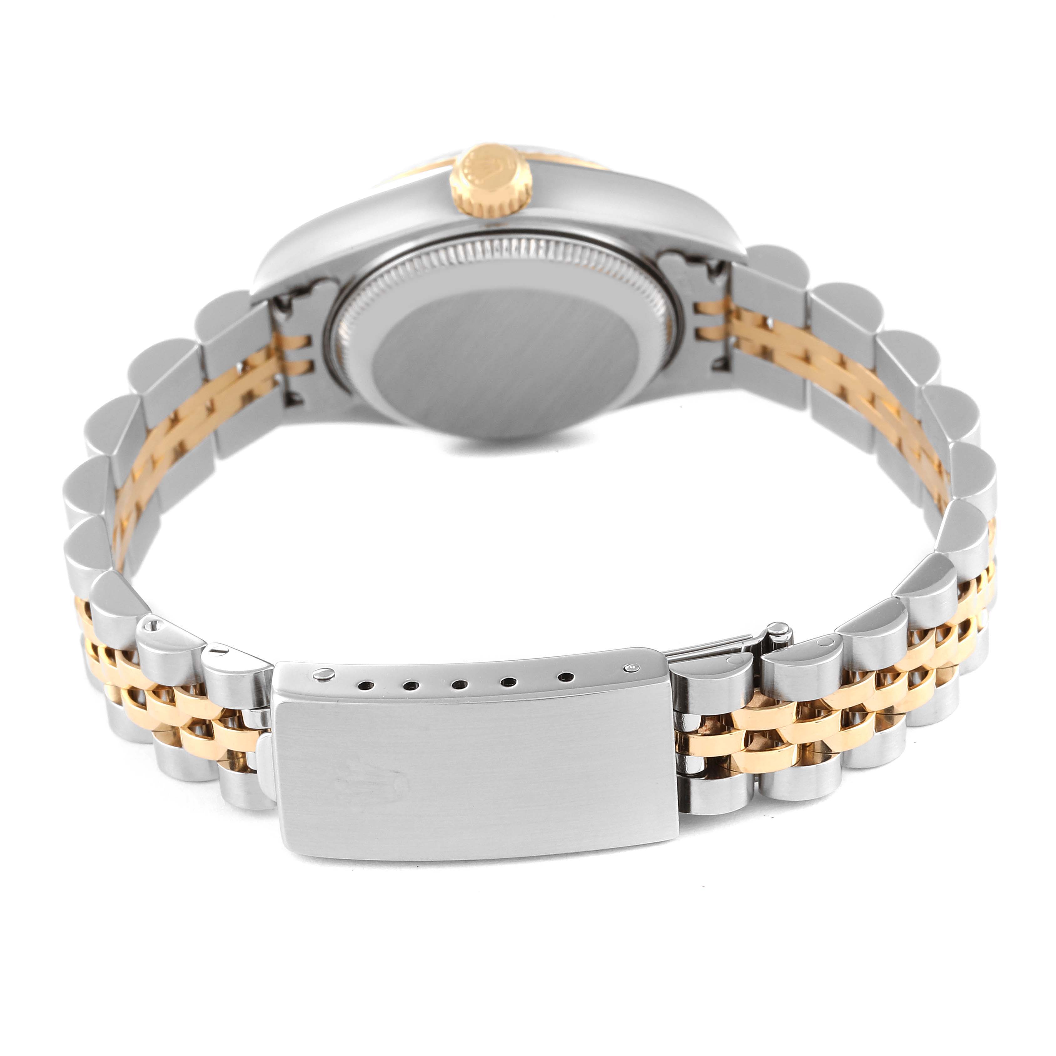 This image shows the back view of a Rolex Datejust 79173 Women's Steel and Gold (two tone) Champagne Dial 79173 Women's Steel and Gold (two tone) Champagne Dial watch, highlighting the bracelet and clasp.