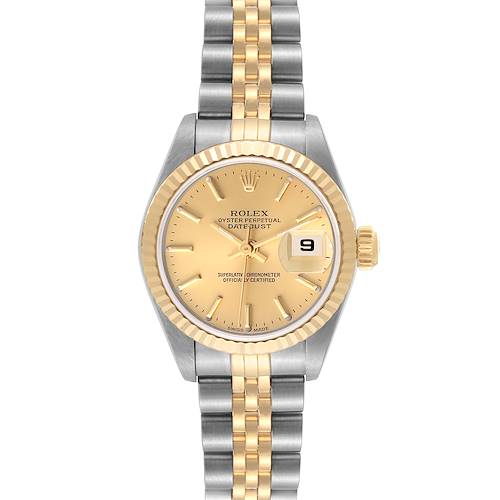 The Rolex Datejust watch is shown from a top-down angle, highlighting its gold dial, fluted bezel, and two-tone bracelet.