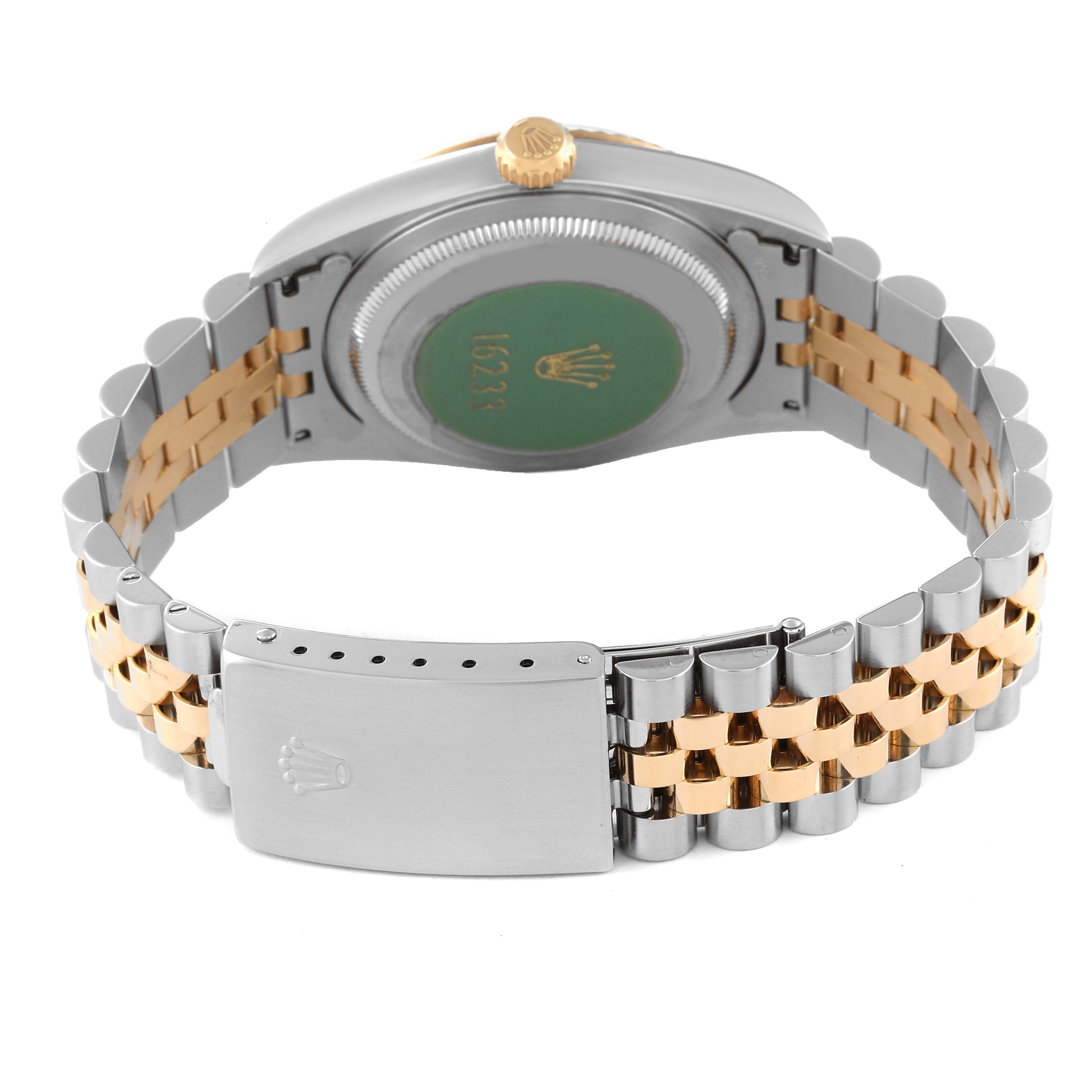 The image shows the back view of a Rolex Datejust 16233 Men's Steel and Gold (two tone) Champagne Dial 16233 Men's Steel and Gold (two tone) Champagne Dial watch, highlighting the case back, jubilee bracelet, and clasp.