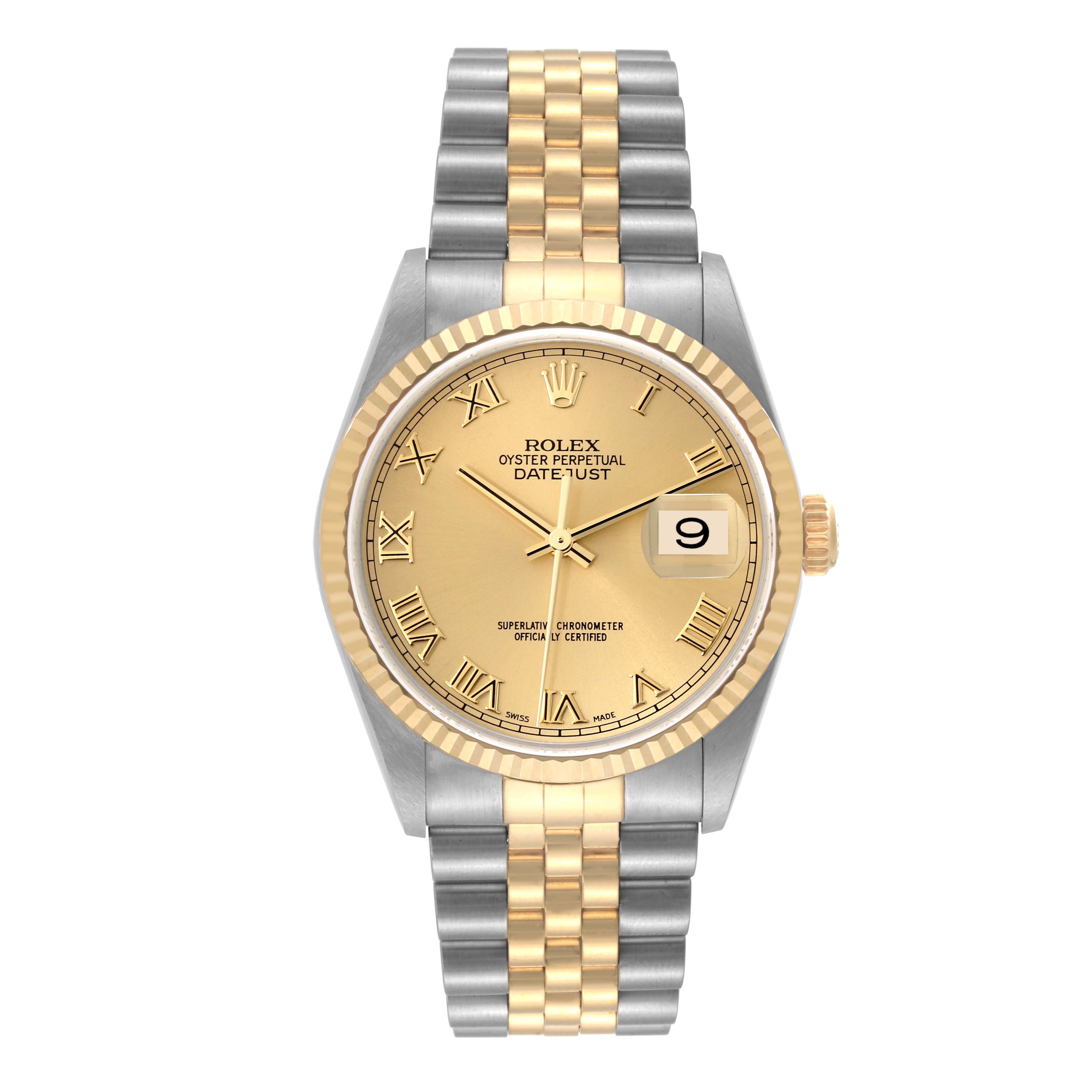 The image shows a Rolex Datejust 16233 Men's Steel and Gold (two tone) Champagne Dial 16233 Men's Steel and Gold (two tone) Champagne Dial watch from the front, displaying the dial, bezel, crown, and bracelet.