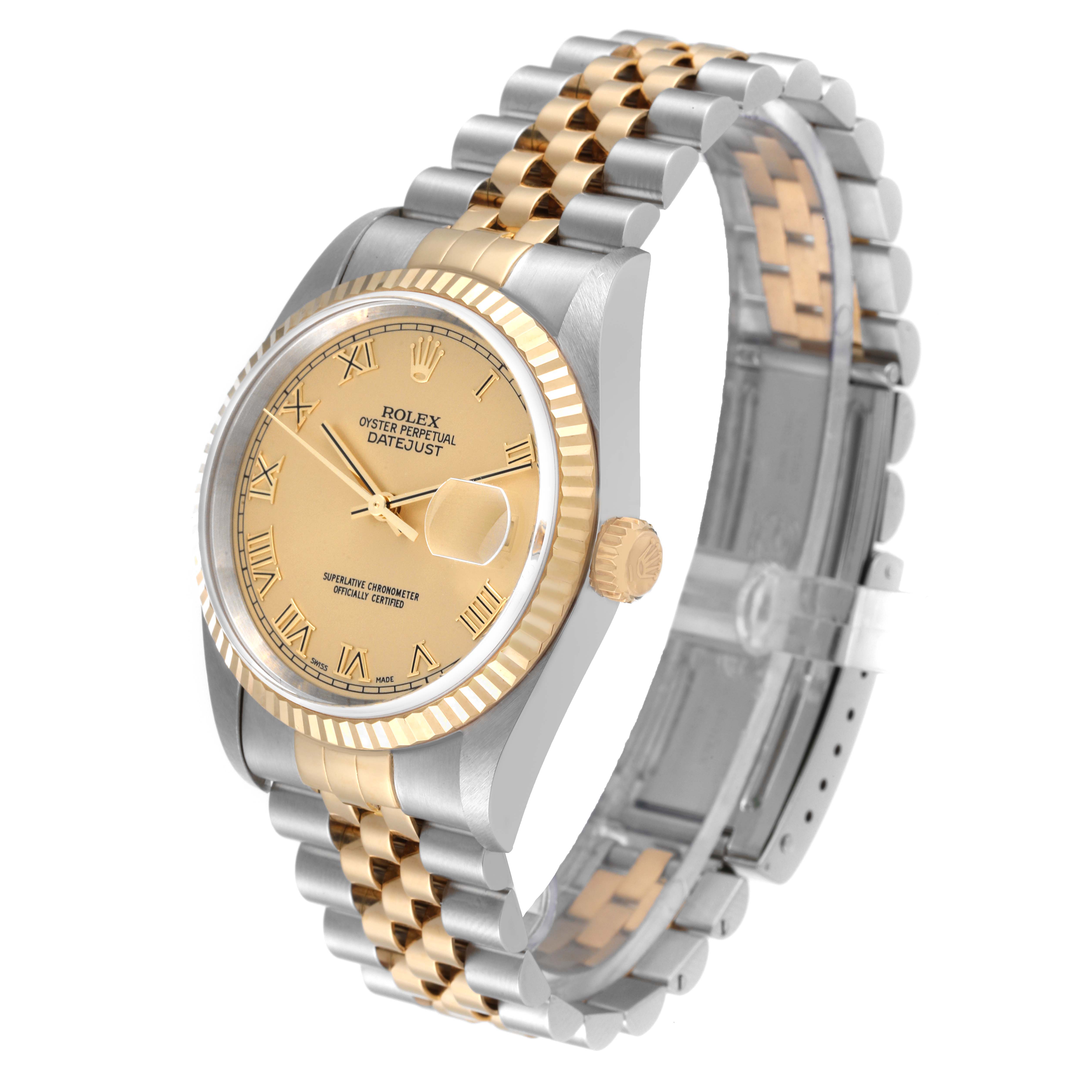 This image shows a Rolex Datejust 16233 Men's Steel and Gold (two tone) Champagne Dial 16233 Men's Steel and Gold (two tone) Champagne Dial watch at an angle highlighting the dial, bezel, and two-tone bracelet.