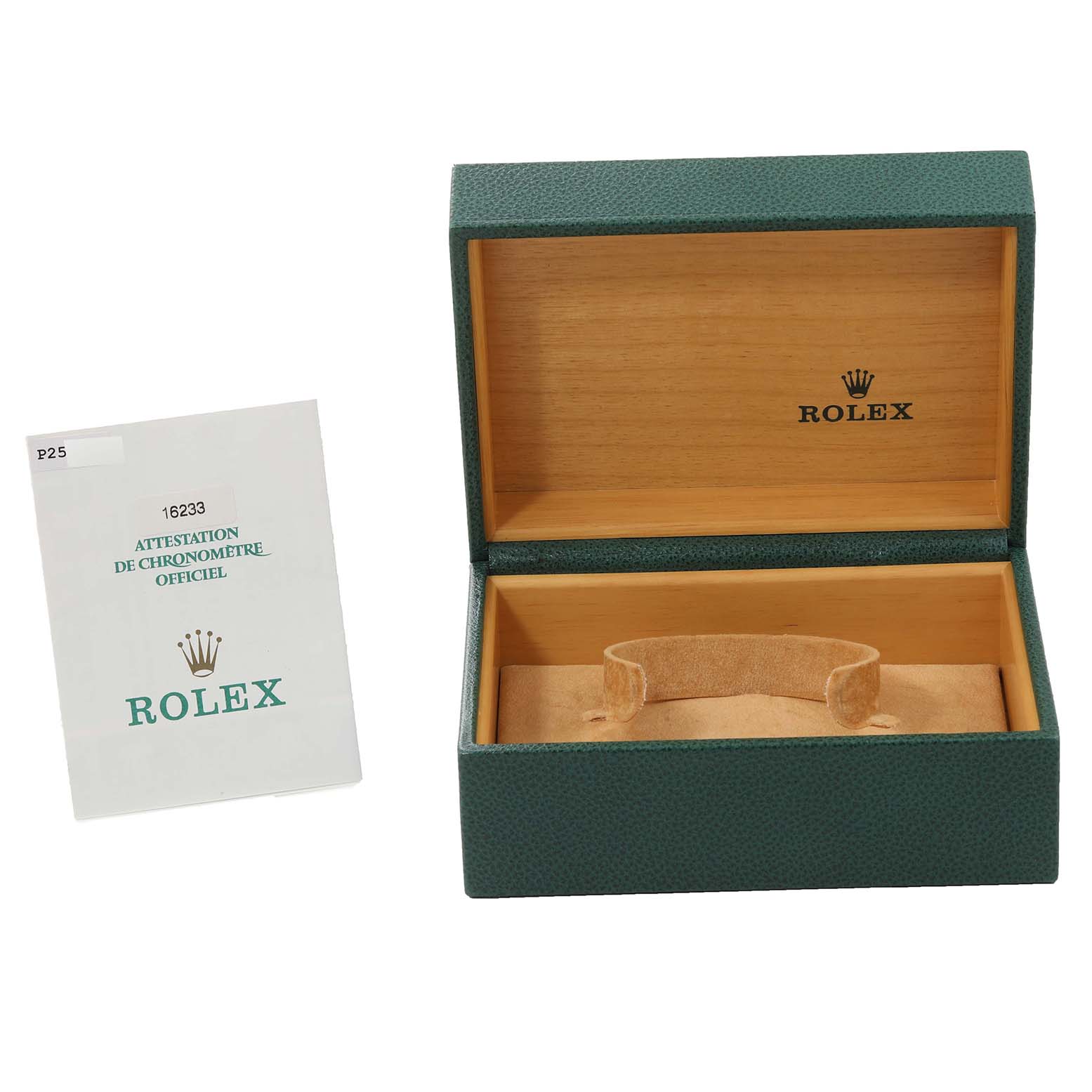 The image shows an open green Rolex box and an official certificate booklet for the Datejust model.