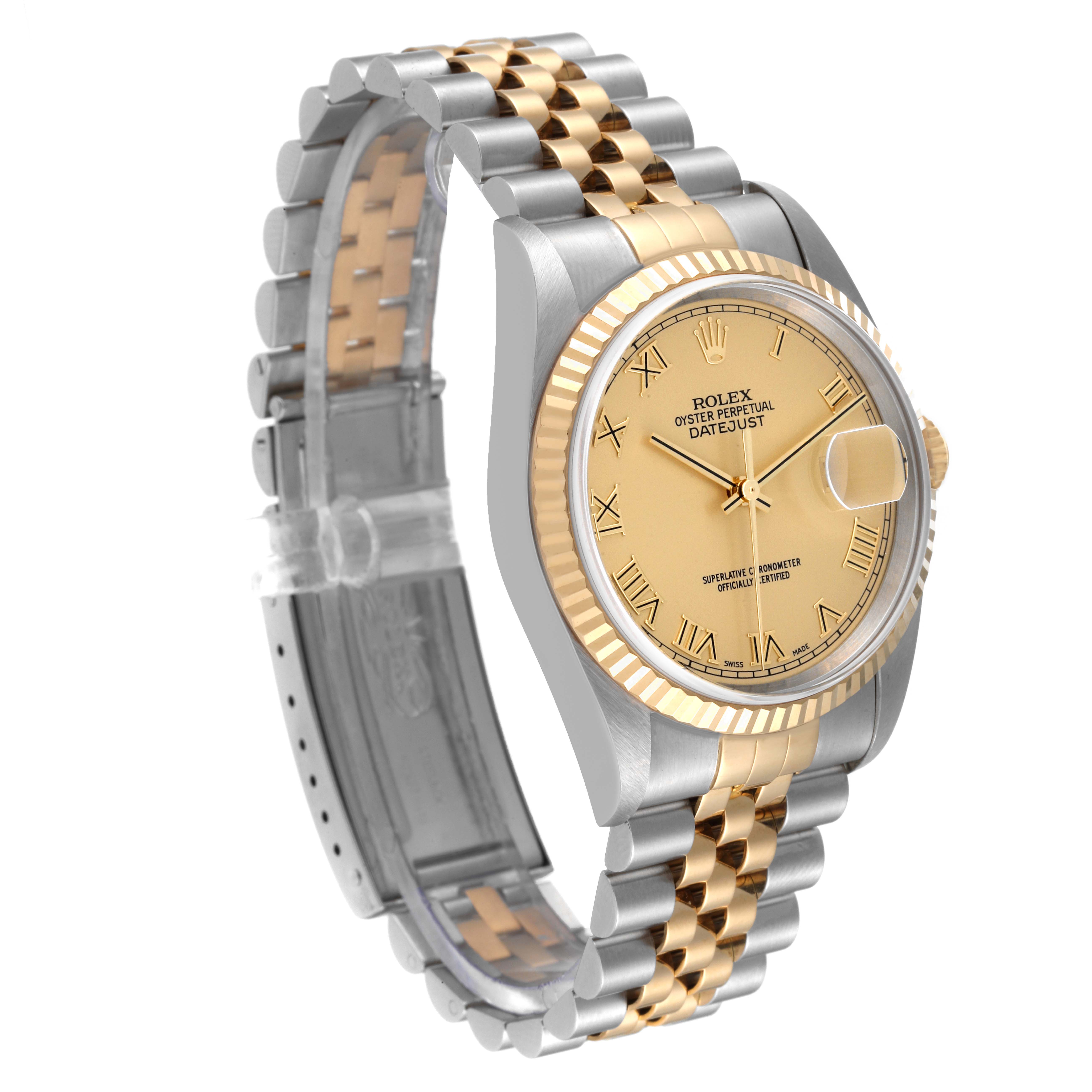 The image shows a Rolex Datejust 16233 Men's Steel and Gold (two tone) Champagne Dial 16233 Men's Steel and Gold (two tone) Champagne Dial watch at a three-quarter angle, highlighting the face, bezel, and part of the two-tone bracelet.