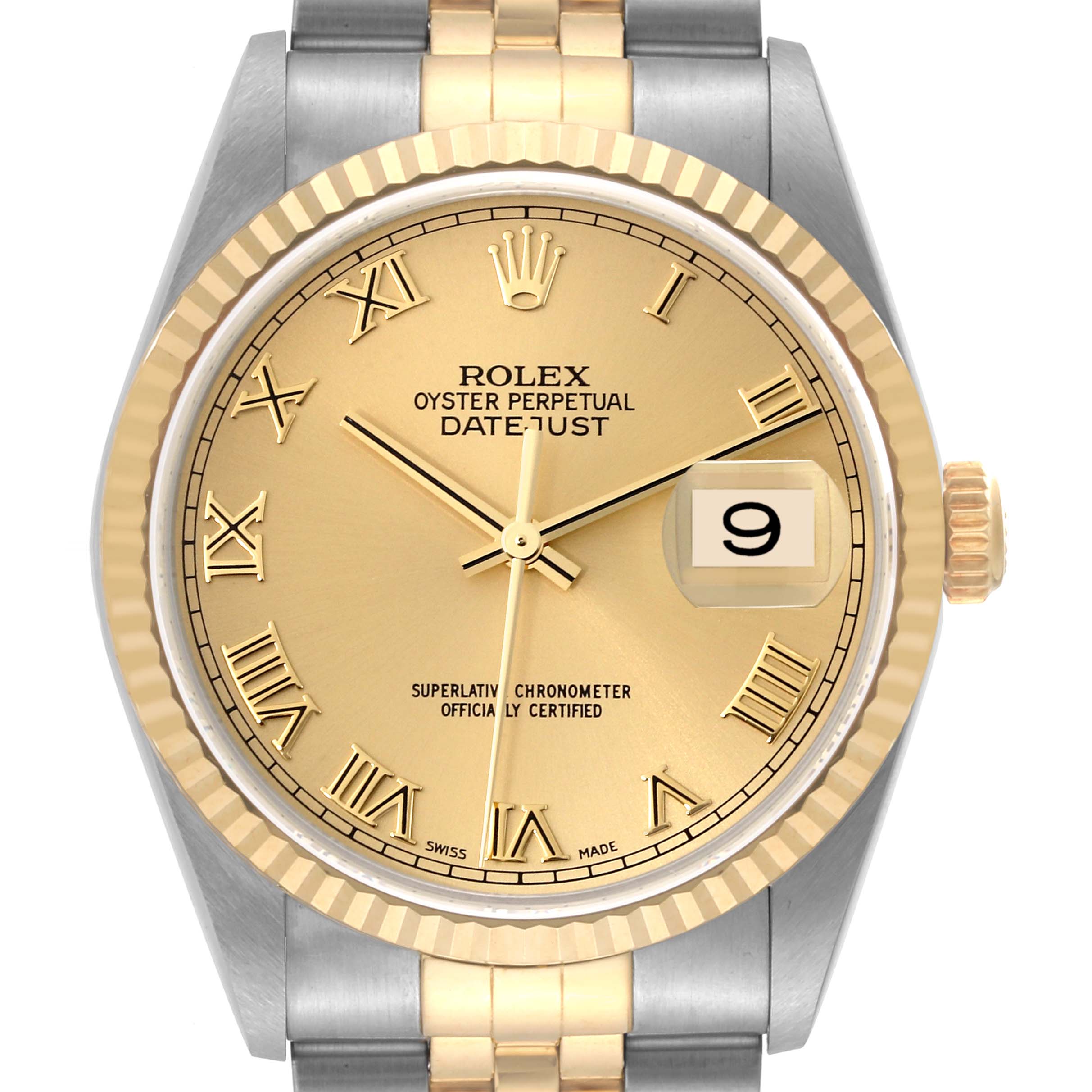 This image shows a frontal view of the Rolex Datejust 16233 Men's Steel and Gold (two tone) Champagne Dial 16233 Men's Steel and Gold (two tone) Champagne Dial watch, highlighting its gold dial, fluted bezel, and two-tone bracelet.