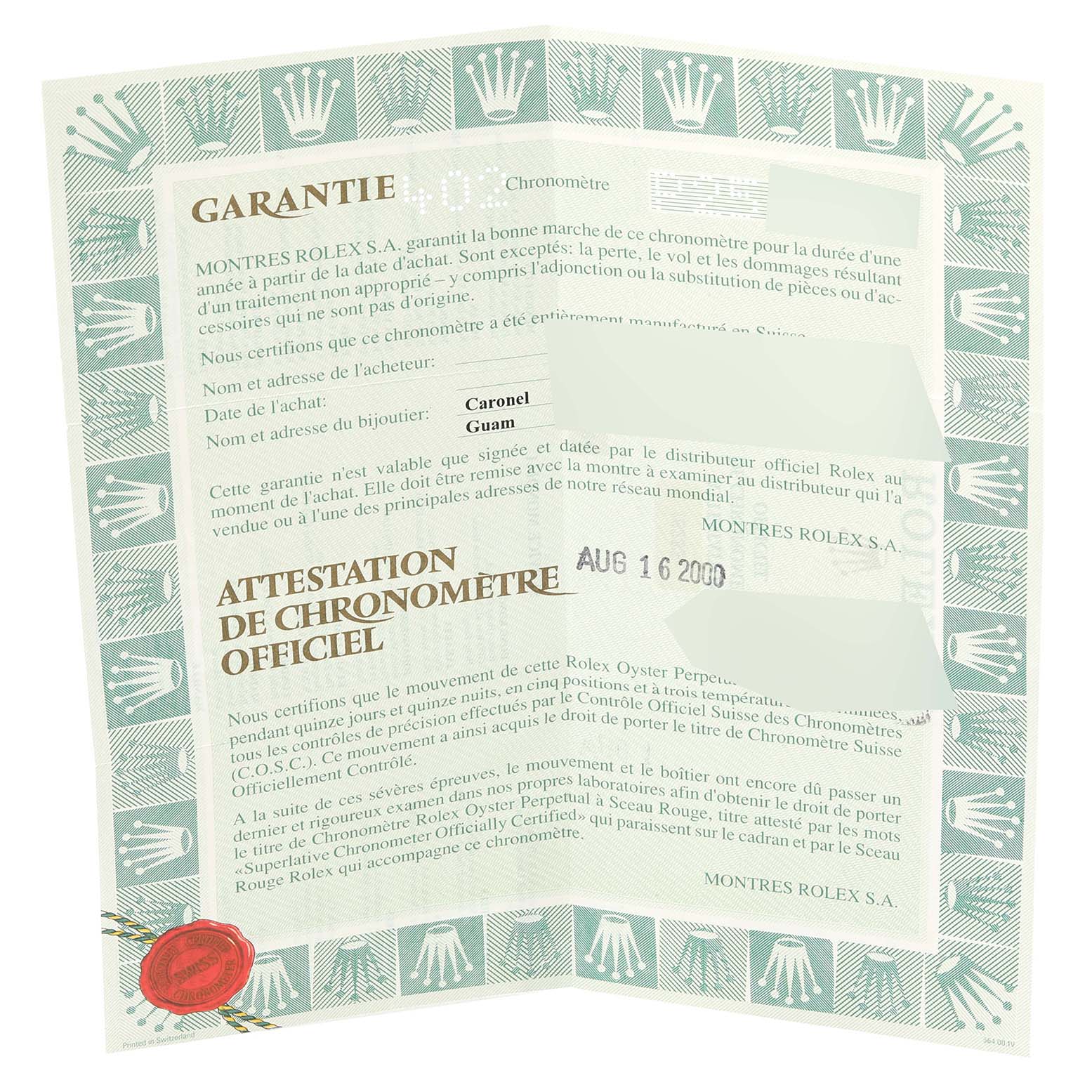 The image shows the warranty certificate for a Rolex Datejust 16233 Men's Steel and Gold (two tone) Champagne Dial 16233 Men's Steel and Gold (two tone) Champagne Dial watch, featuring details like purchase date and official chronometer certification.