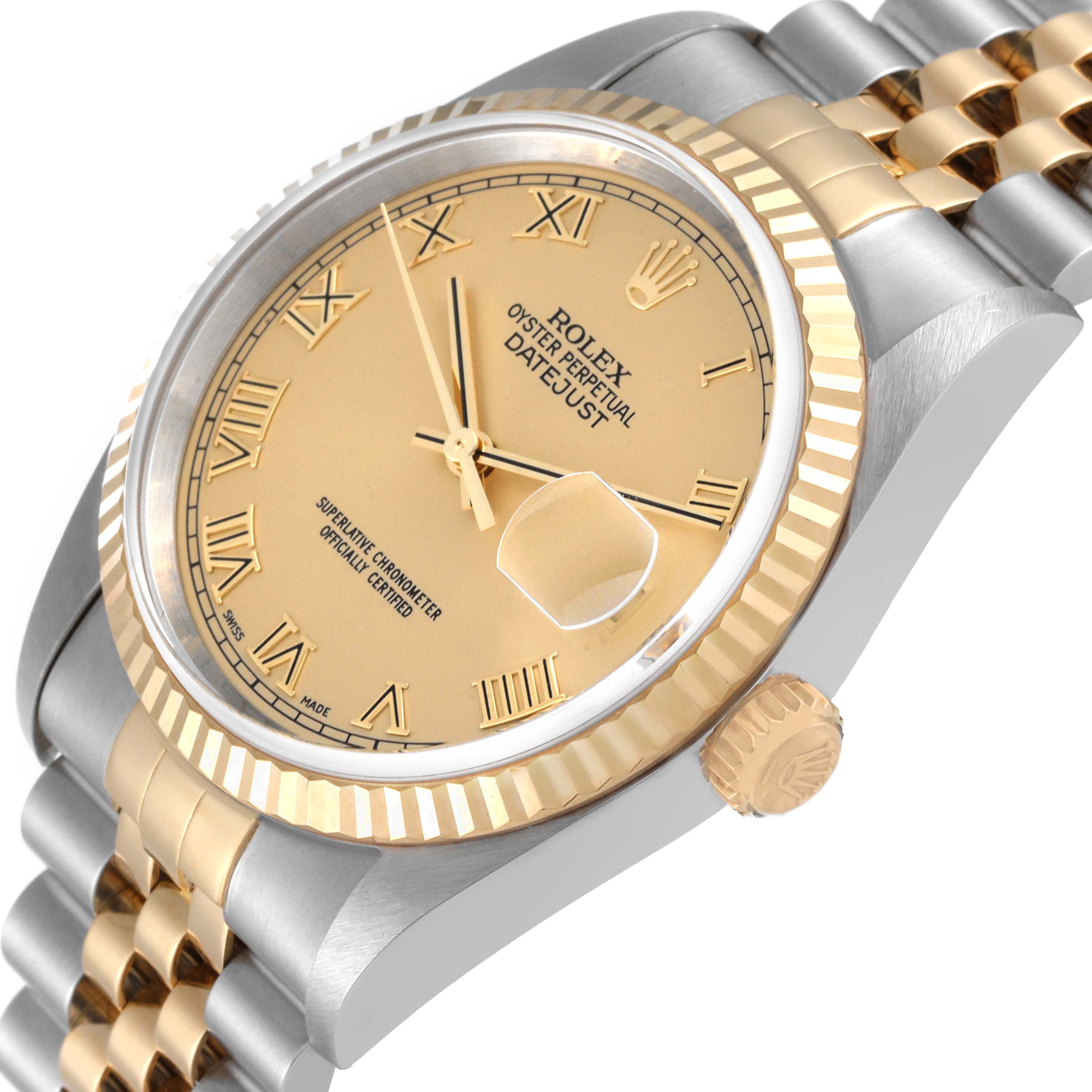 The image shows a Rolex Datejust 16233 Men's Steel and Gold (two tone) Champagne Dial 16233 Men's Steel and Gold (two tone) Champagne Dial model at an angle highlighting the watch face, fluted bezel, and part of the bracelet.