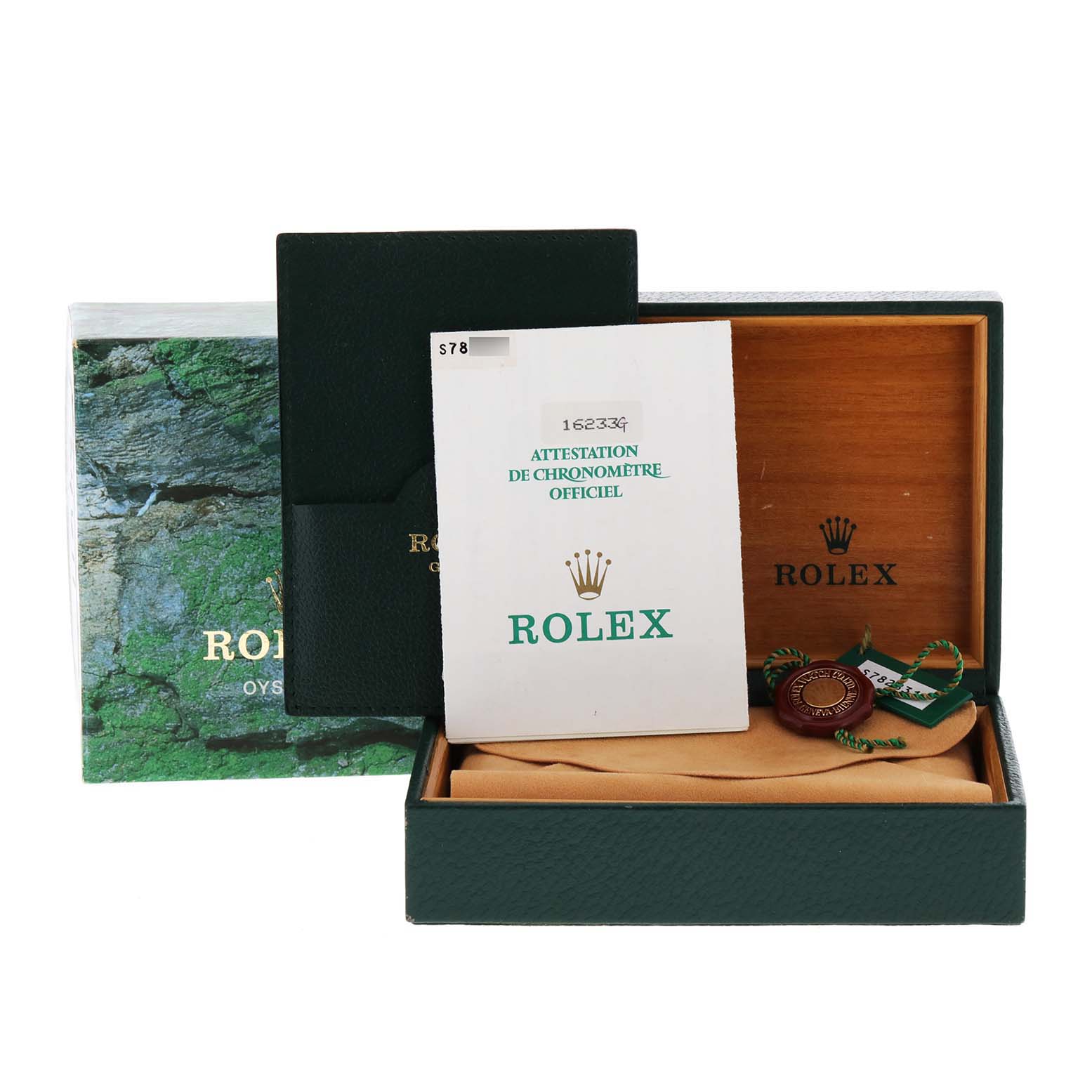 The image displays the packaging and accessories for the Rolex Datejust 16233 Men's Steel and Gold (two tone) Champagne Dial 16233 Men's Steel and Gold (two tone) Champagne Dial, including the box, booklet, and certification paper.