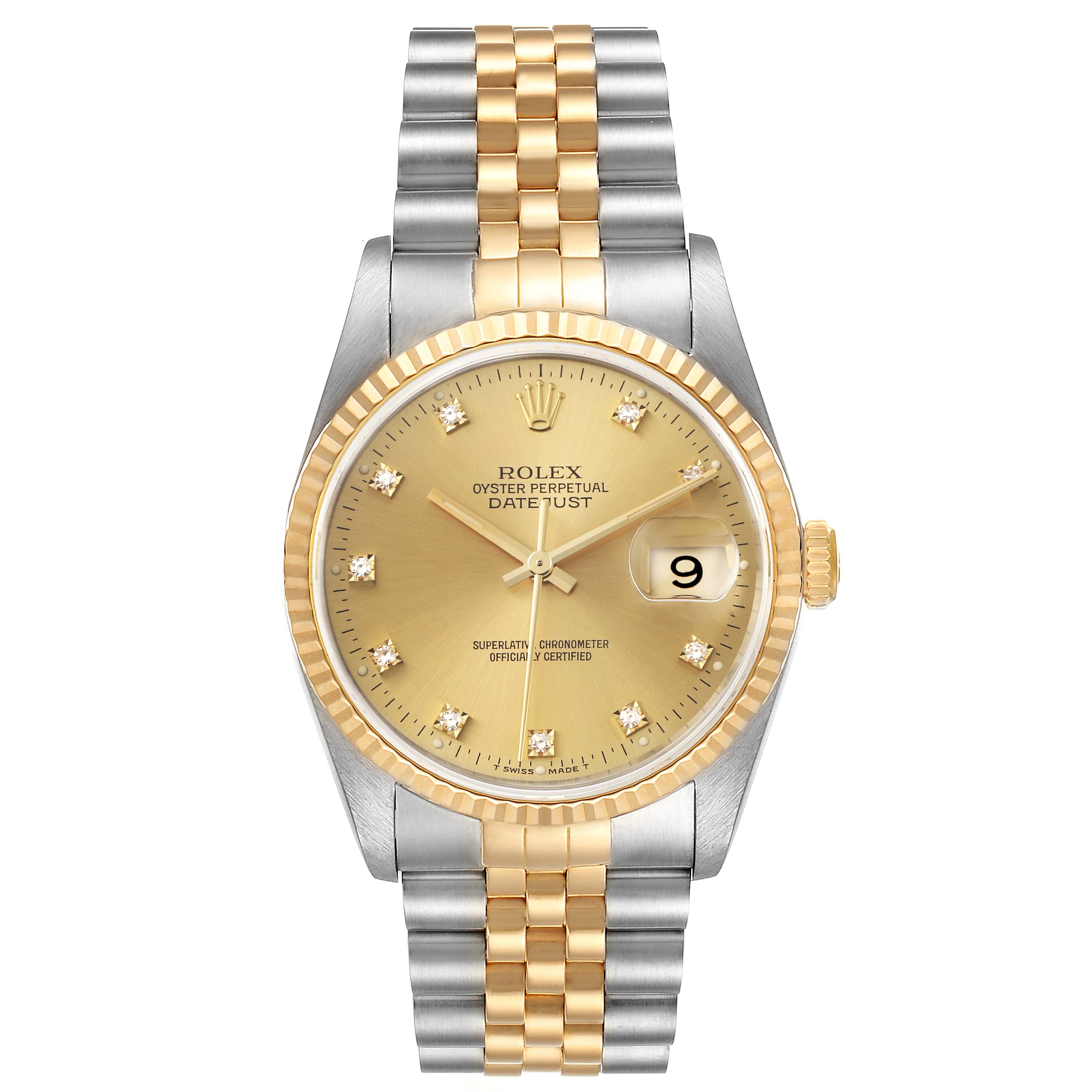 This image shows a front view of a Rolex Datejust 16233 Men's Steel and Gold (two tone) Champagne Dial 16233 Men's Steel and Gold (two tone) Champagne Dial watch, featuring a Jubilee bracelet, an Oyster Perpetual dial, and a date magnifier.