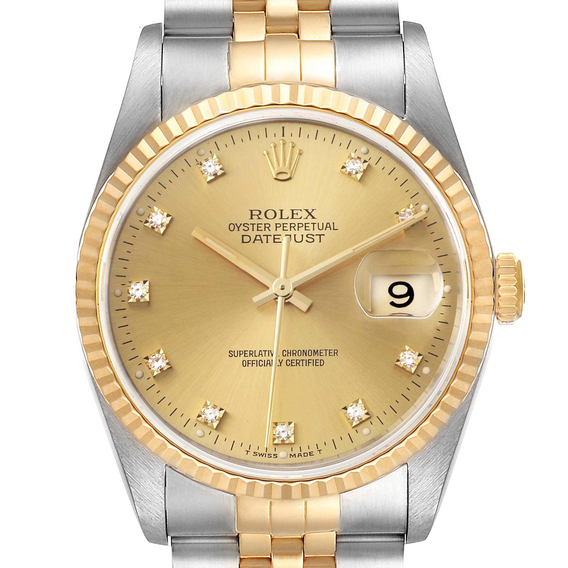 This image shows a close-up view of the Rolex Datejust 16233 Men's Steel and Gold (two tone) Champagne Dial 16233 Men's Steel and Gold (two tone) Champagne Dial model, featuring the dial, bezel, and part of the bracelet.
