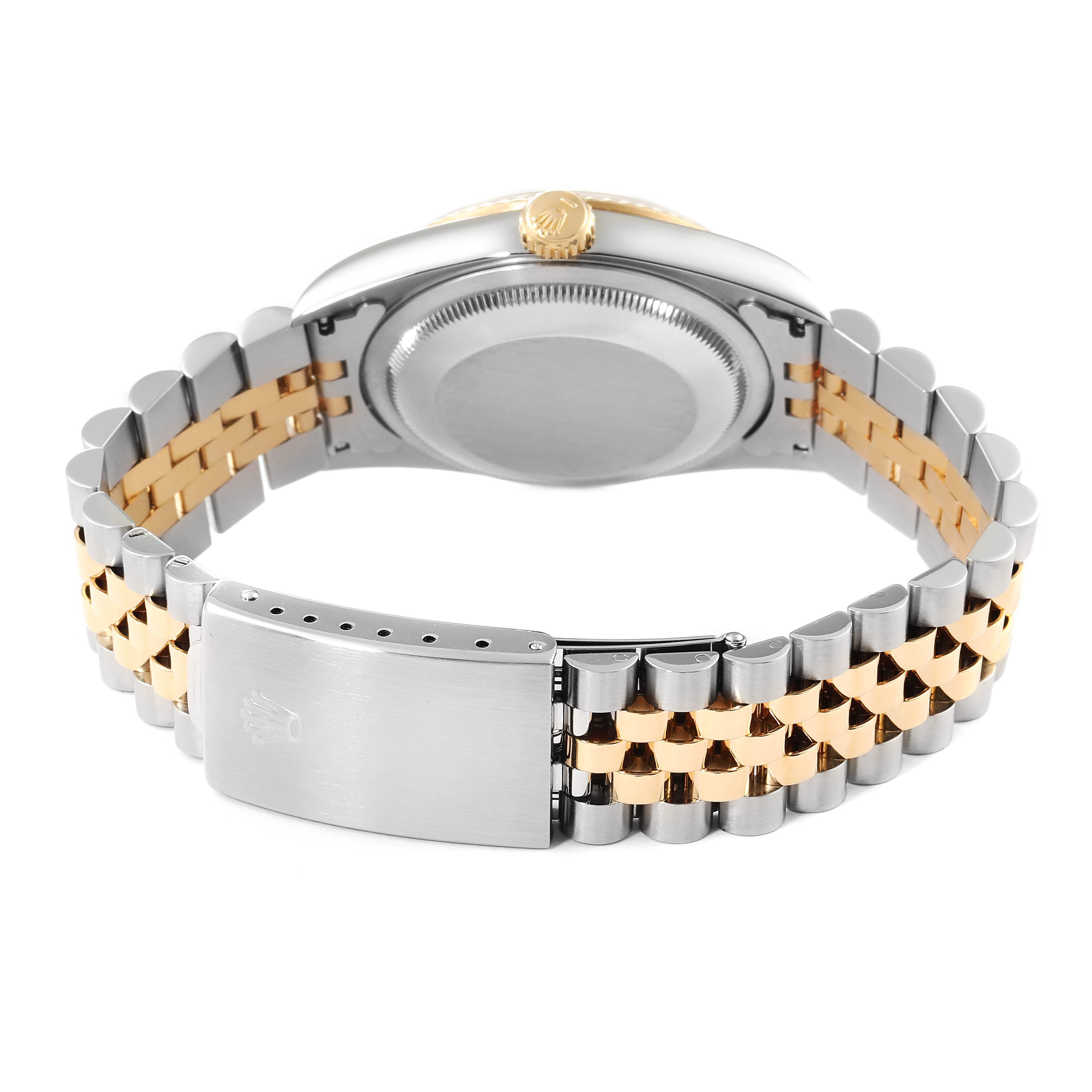 The image shows the back view of a Rolex Datejust 16233 Men's Steel and Gold (two tone) Champagne Dial 16233 Men's Steel and Gold (two tone) Champagne Dial watch, focusing on the case back and bi-metal bracelet.