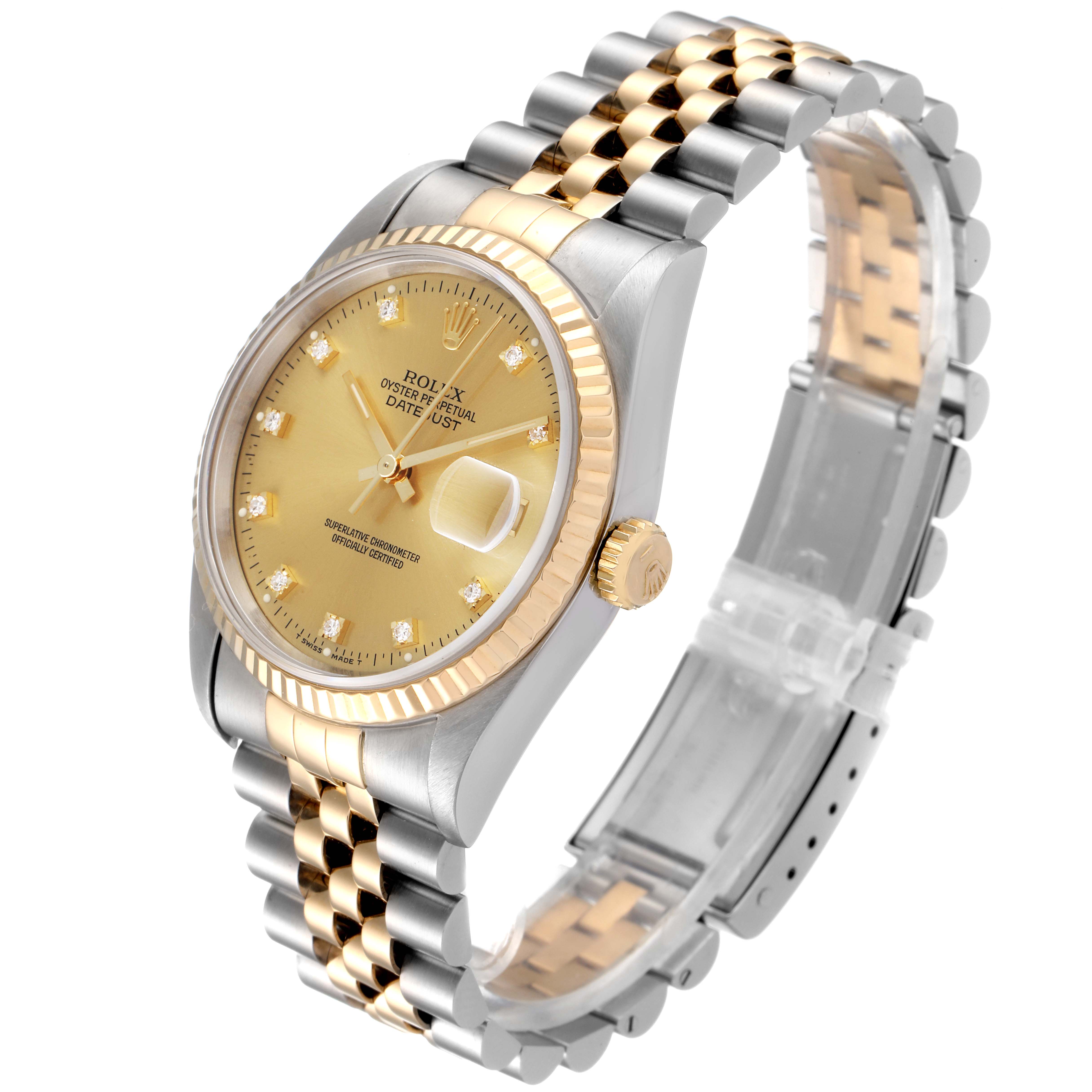 The image shows a Rolex Datejust 16233 Men's Steel and Gold (two tone) Champagne Dial 16233 Men's Steel and Gold (two tone) Champagne Dial watch at an angle, highlighting the dial, fluted bezel, crown, and jubilee bracelet.