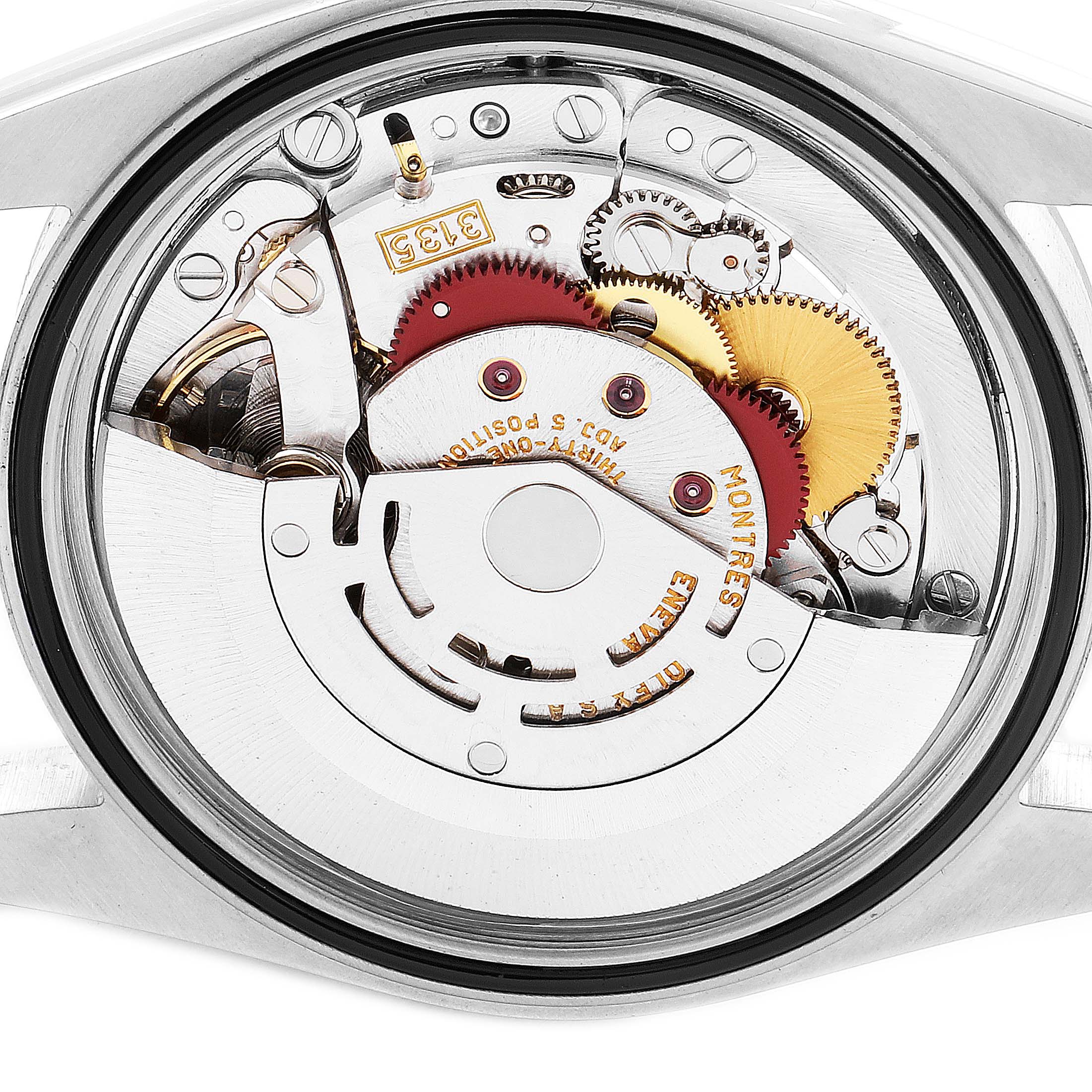 This image shows the internal mechanical movement of the Rolex Datejust 16233 Men's Steel and Gold (two tone) Champagne Dial 16233 Men's Steel and Gold (two tone) Champagne Dial watch from the rear angle with the back cover removed.
