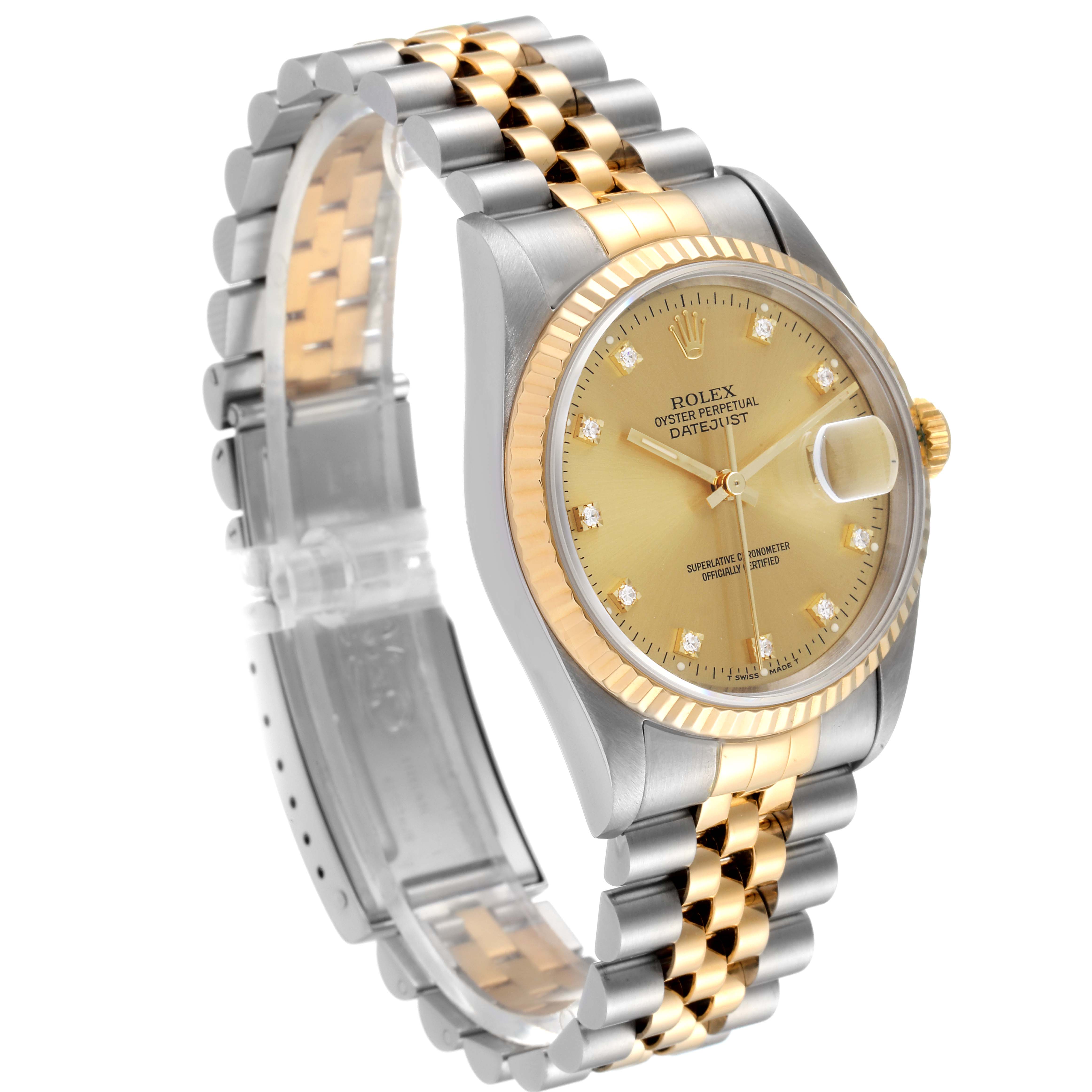 This image shows a Rolex Datejust 16233 Men's Steel and Gold (two tone) Champagne Dial 16233 Men's Steel and Gold (two tone) Champagne Dial watch at a front-left angle, highlighting its bracelet, dial, and case.