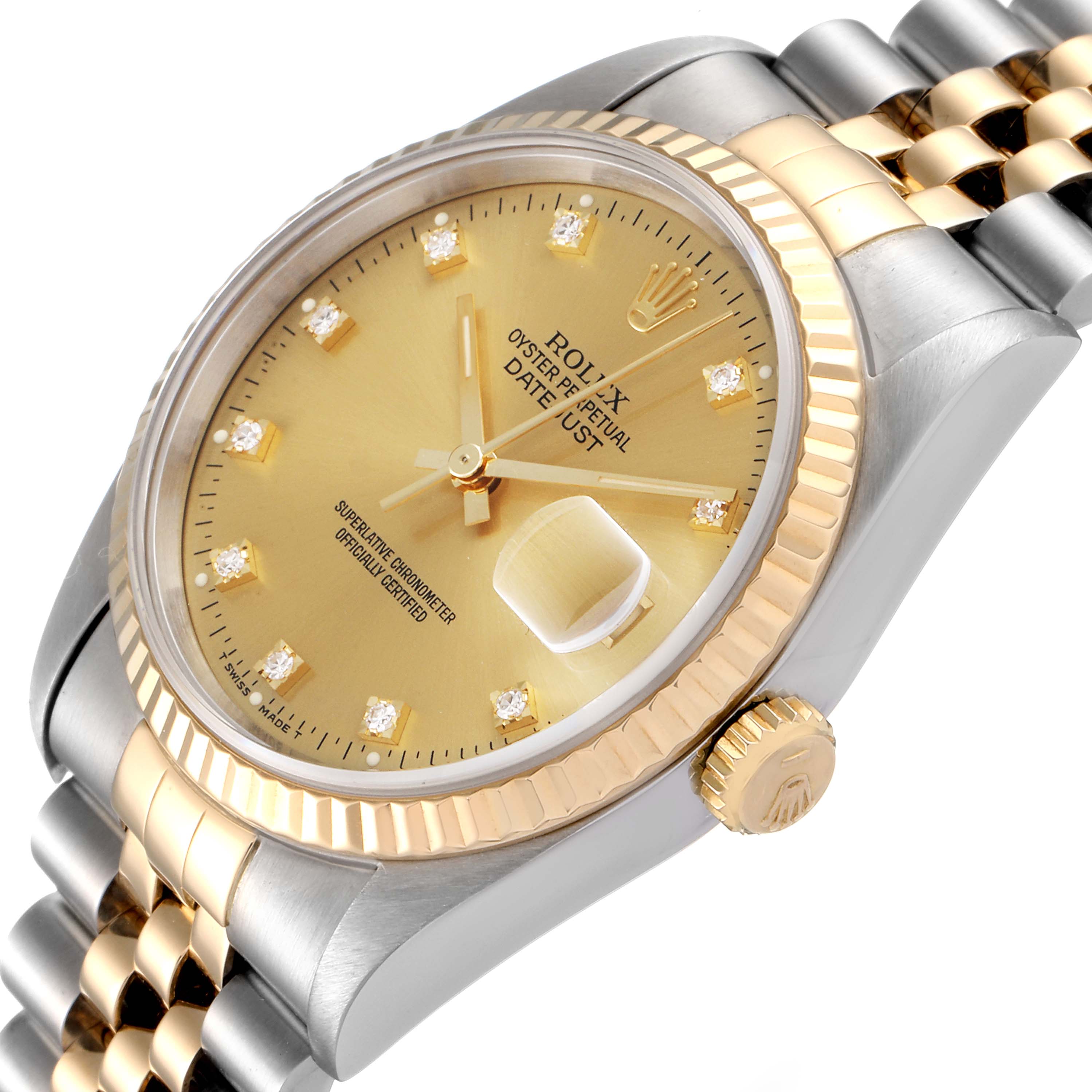 The image shows a Rolex Datejust 16233 Men's Steel and Gold (two tone) Champagne Dial 16233 Men's Steel and Gold (two tone) Champagne Dial watch at a slight angle, highlighting the dial, bezel, bracelet, and crown.