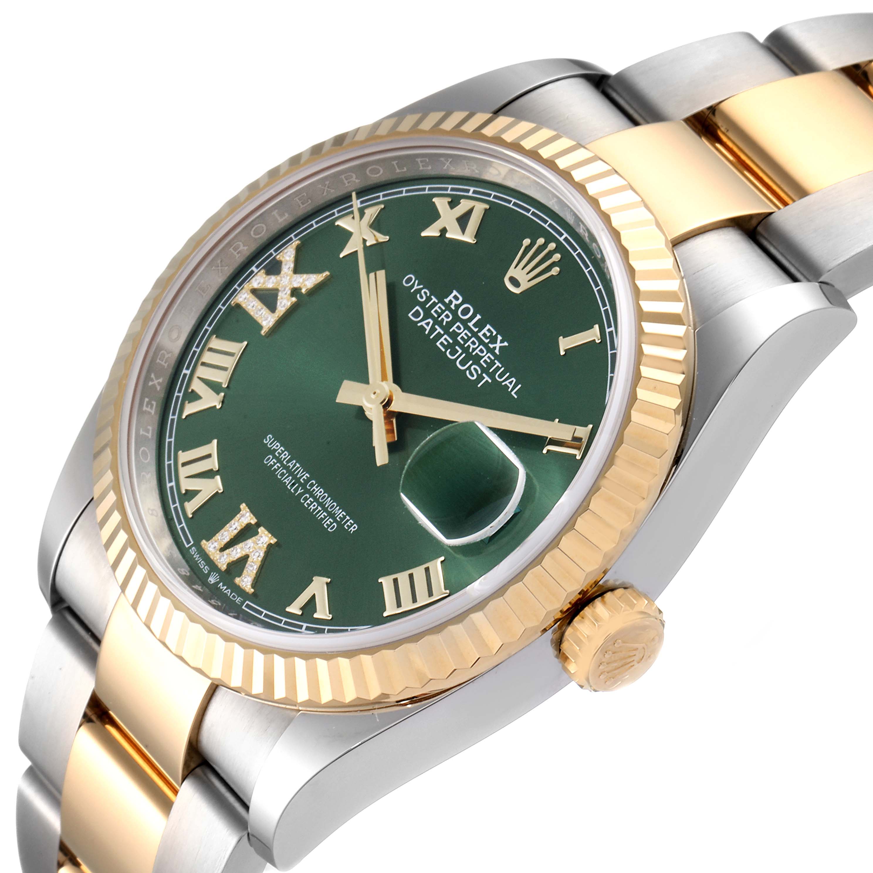 The image shows a close-up angle of a Rolex Datejust 126233 Men's Steel and Gold (two tone) Green Dial 126233 Men's Steel and Gold (two tone) Green Dial watch, highlighting its green dial, gold Roman numerals, fluted bezel, and two-tone bracelet.