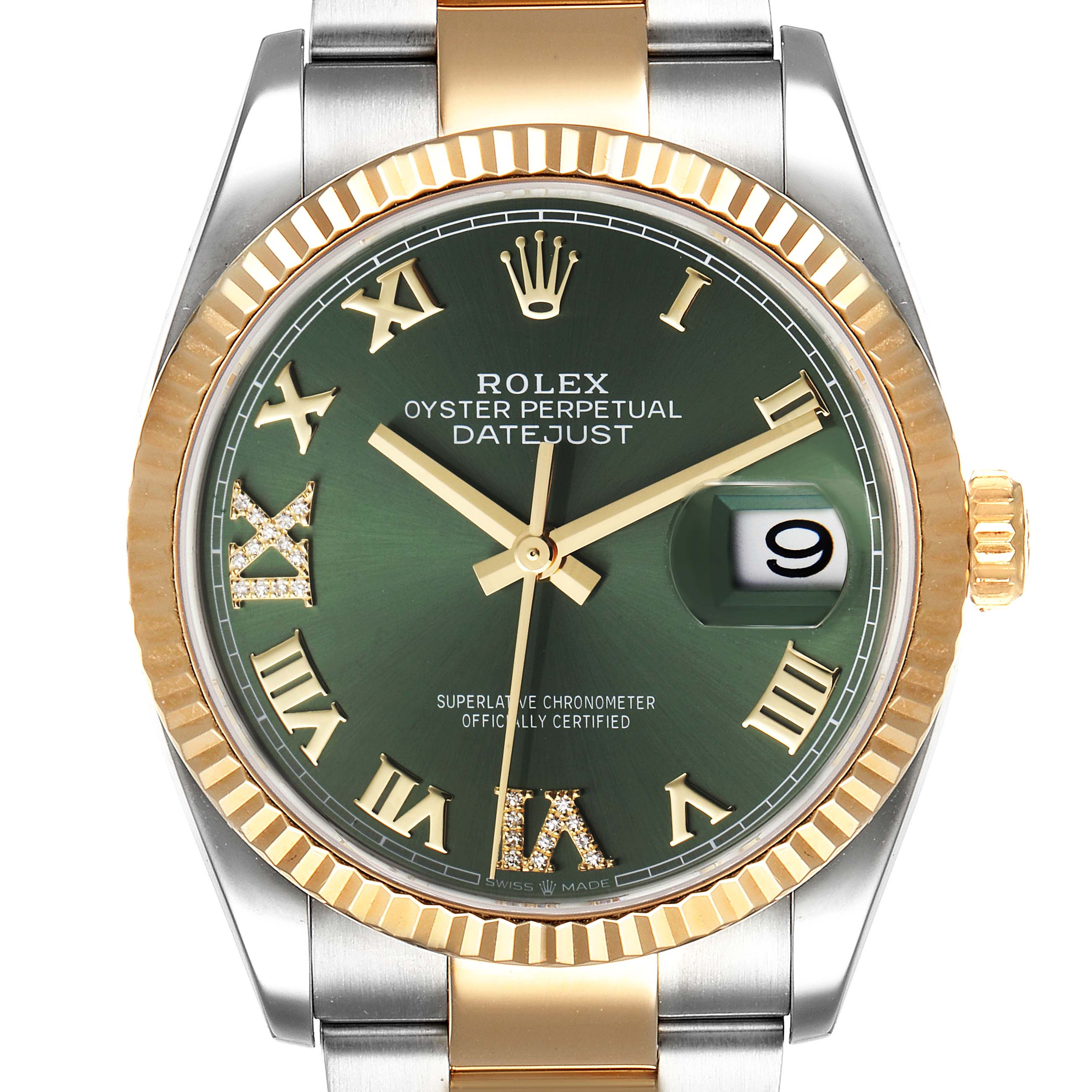 This image shows a close-up of the dial, bezel, and part of the bracelet of a Rolex Datejust 126233 Men's Steel and Gold (two tone) Green Dial 126233 Men's Steel and Gold (two tone) Green Dial watch.