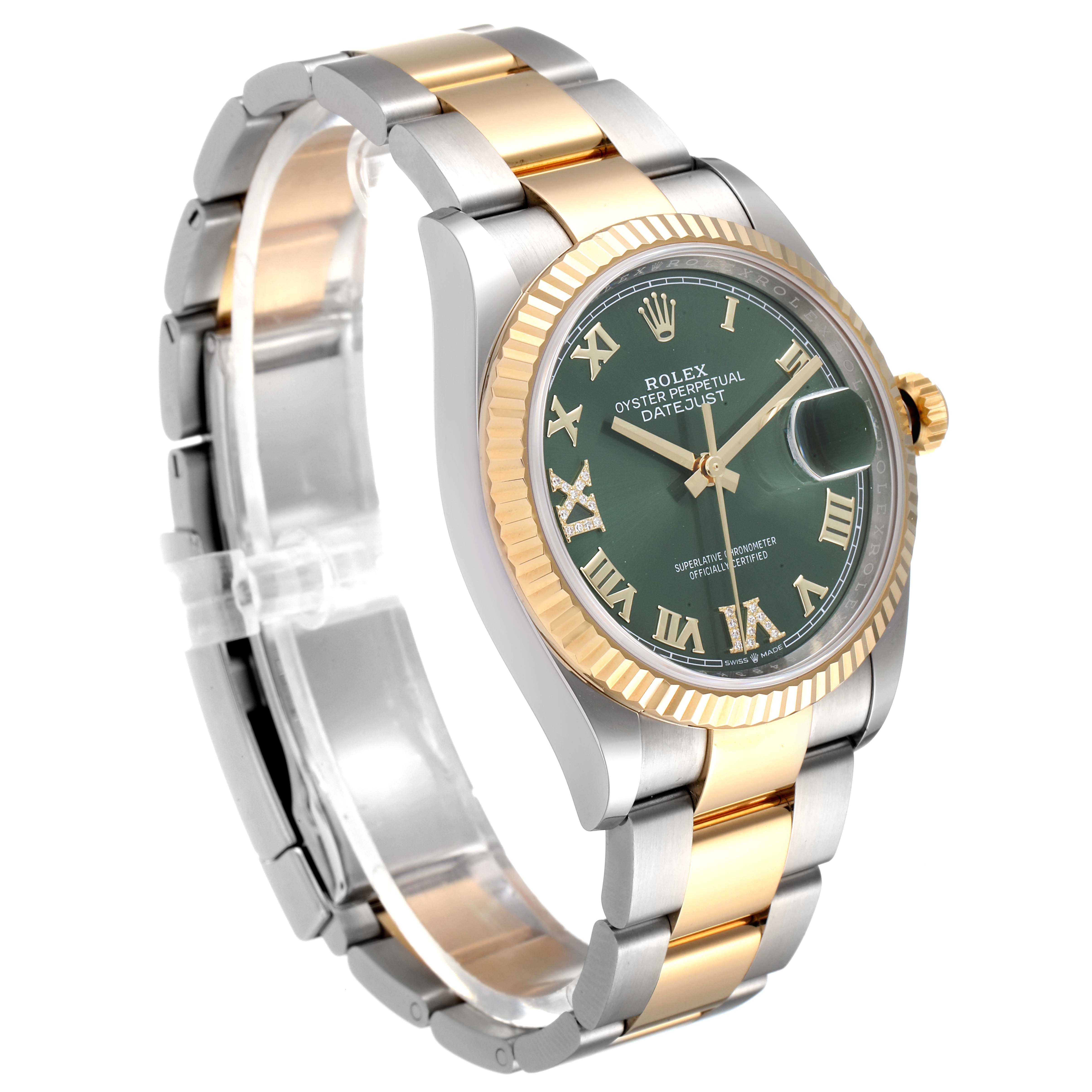 The image shows a Rolex Datejust 126233 Men's Steel and Gold (two tone) Green Dial 126233 Men's Steel and Gold (two tone) Green Dial watch at an angle, highlighting its green dial, gold bezel, and two-tone bracelet.
