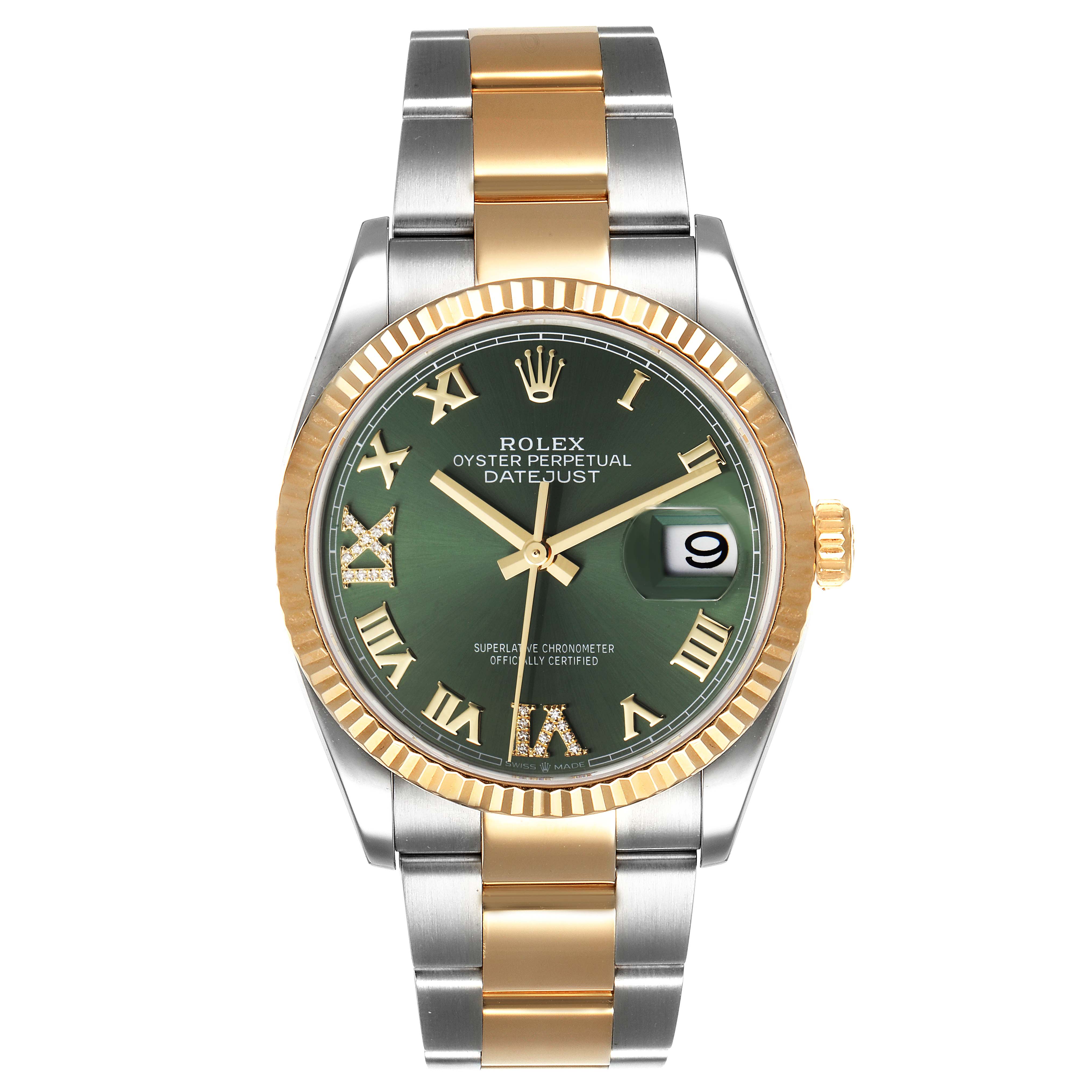 This image shows a front view of the Rolex Datejust 126233 Men's Steel and Gold (two tone) Green Dial 126233 Men's Steel and Gold (two tone) Green Dial watch featuring a green dial, gold fluted bezel, and two-tone bracelet.