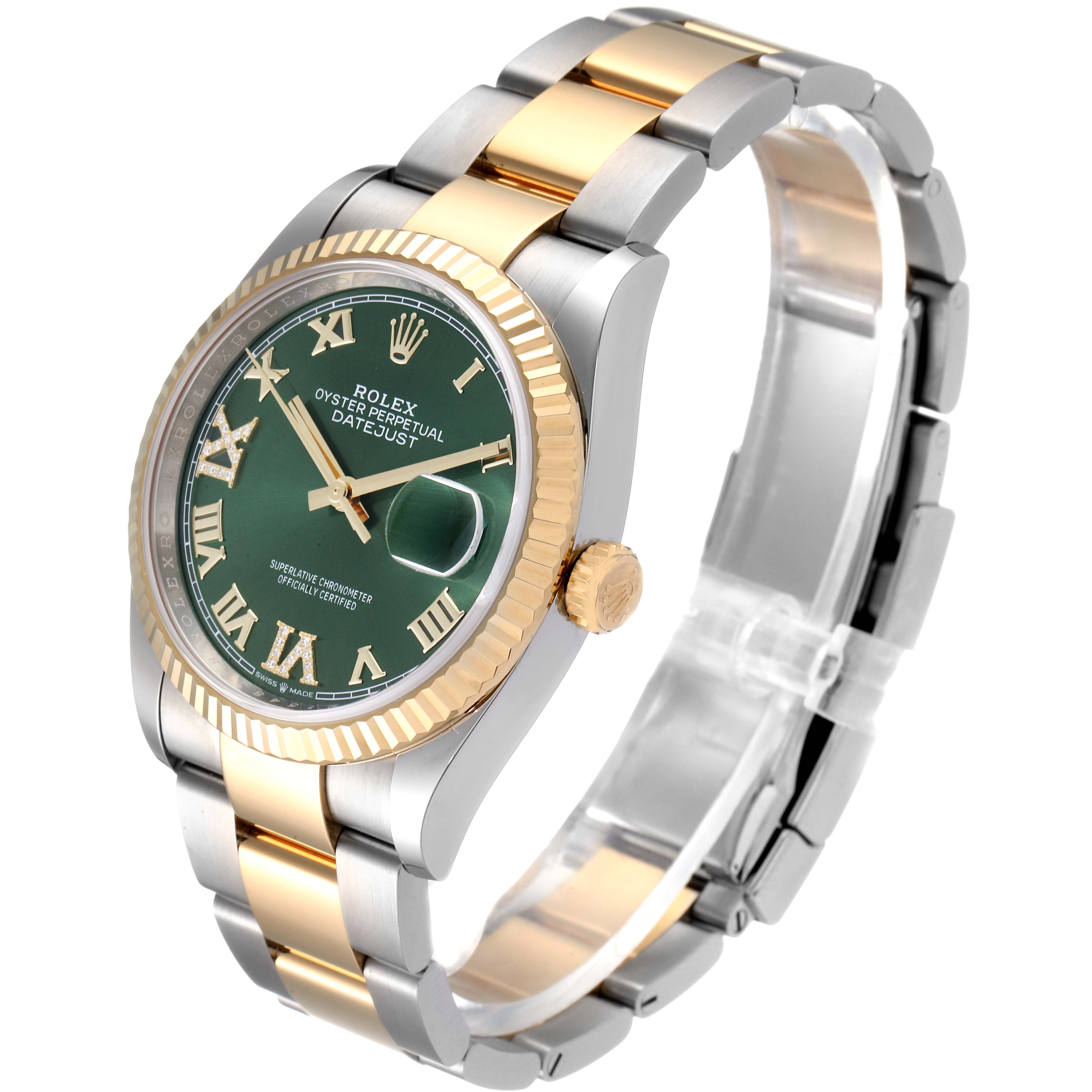 The image shows a Rolex Datejust 126233 Men's Steel and Gold (two tone) Green Dial 126233 Men's Steel and Gold (two tone) Green Dial watch at a 45-degree angle, highlighting the green dial, gold bezel, and two-tone bracelet.