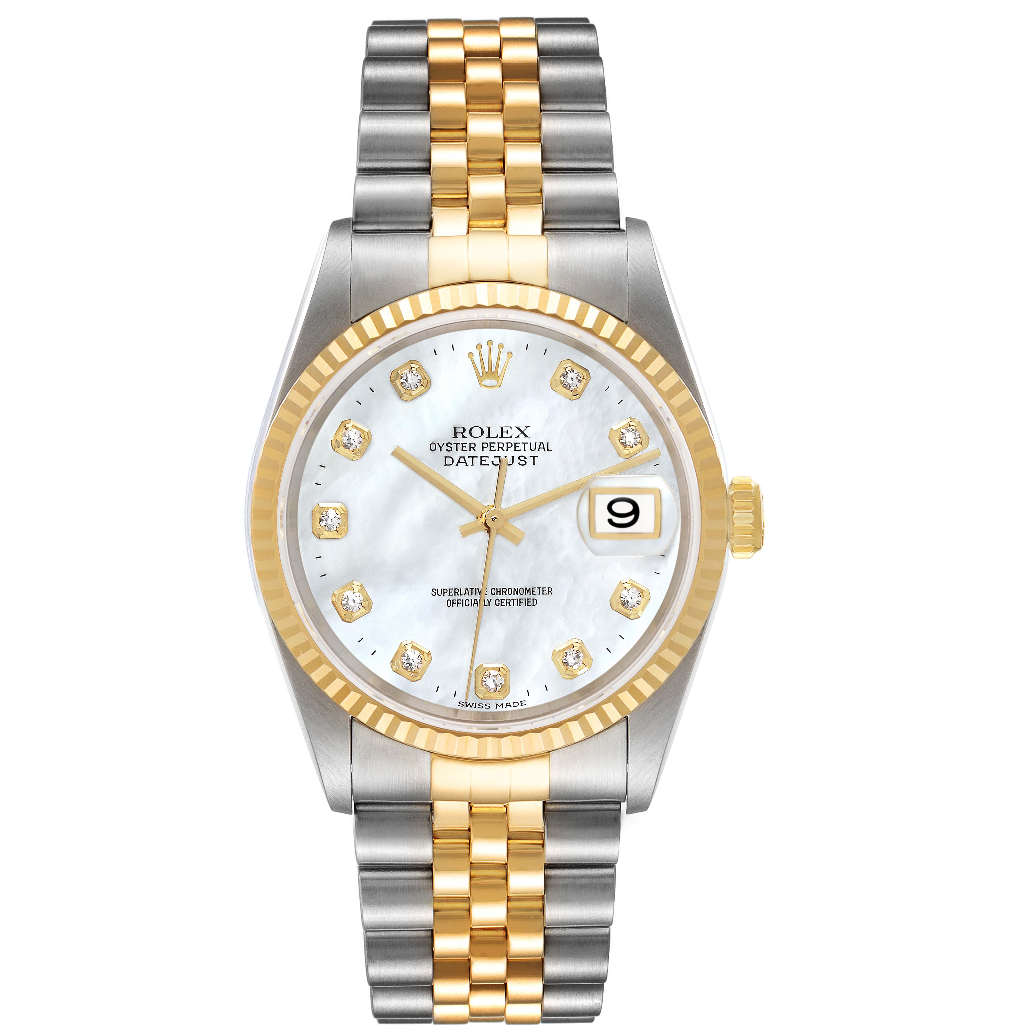 This image shows a Rolex Datejust 16233 Men's Steel and Gold (two tone) Mother of Pearl Dial 16233 Men's Steel and Gold (two tone) Mother of Pearl Dial model watch from a top-down view, displaying the face, bezel, dial, and bracelet.