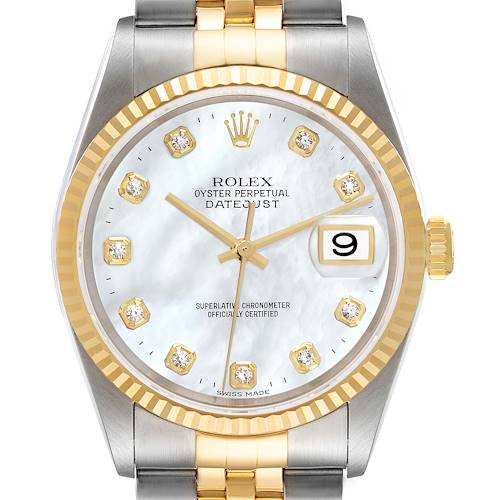 Photo of Rolex Datejust Steel Yellow Gold Mother of Pearl Diamond Dial Mens Watch 16233