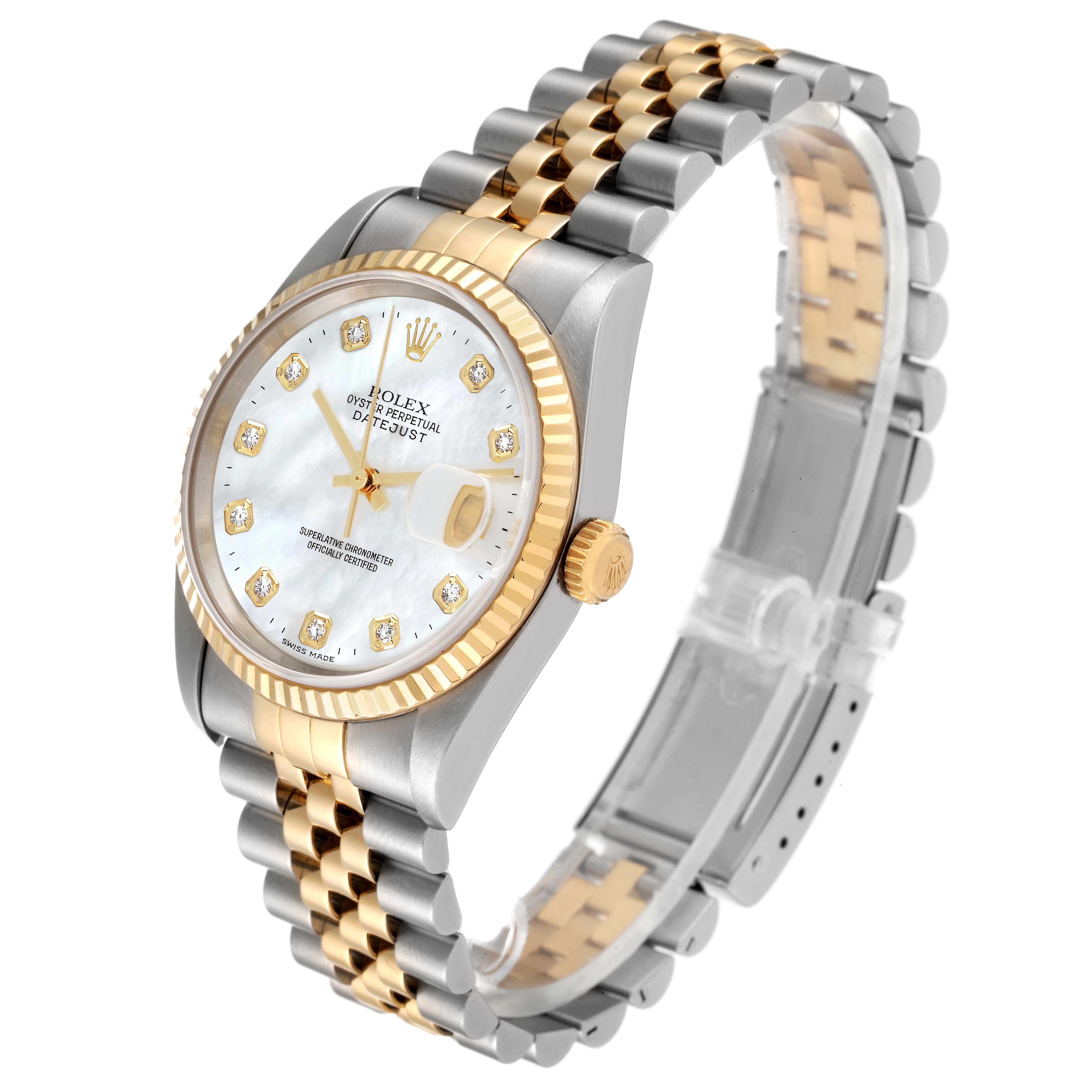 The image shows a three-quarter view of a Rolex Datejust 16233 Men's Steel and Gold (two tone) Mother of Pearl Dial 16233 Men's Steel and Gold (two tone) Mother of Pearl Dial watch, highlighting the face, bracelet, and crown.