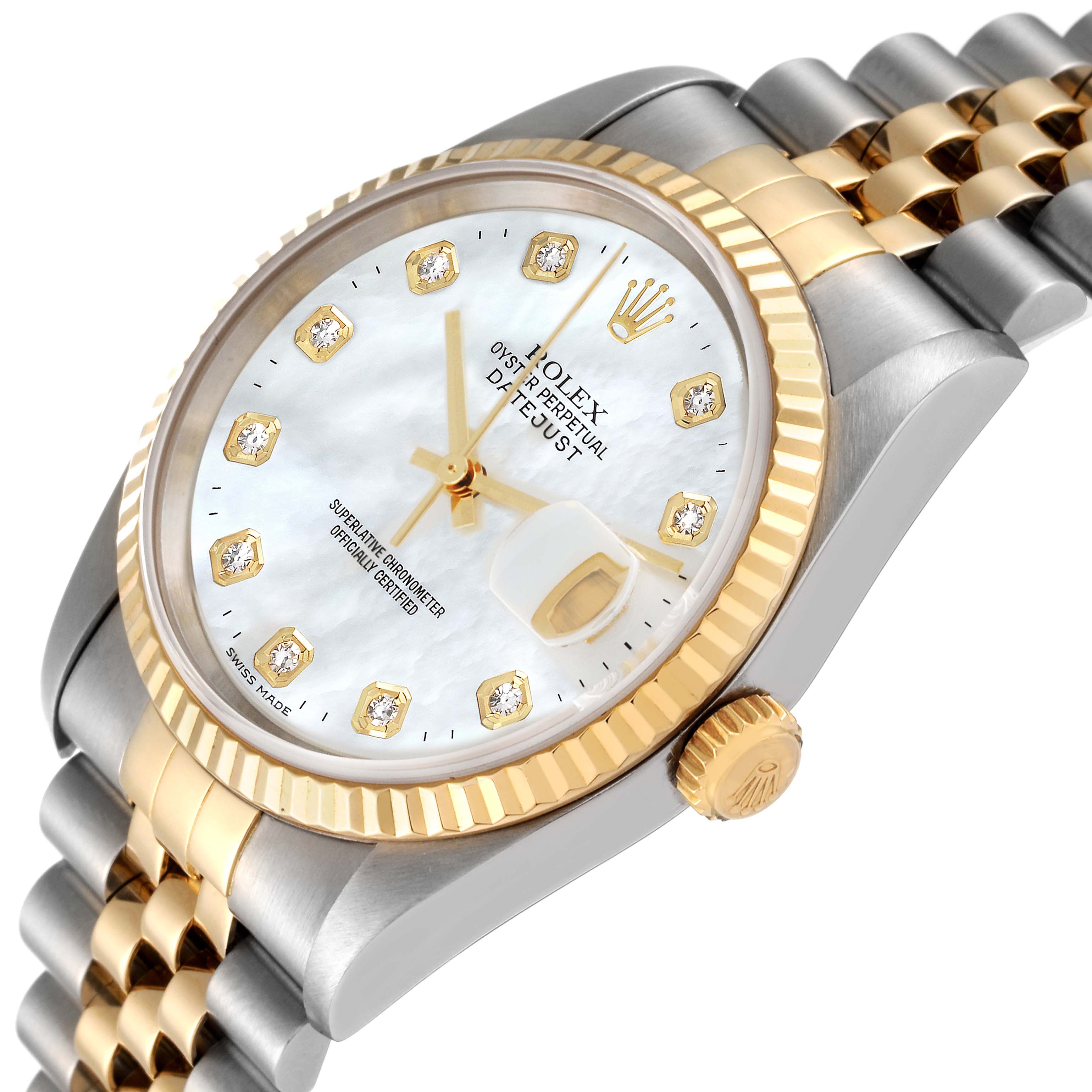 This Rolex Datejust 16233 Men's Steel and Gold (two tone) Mother of Pearl Dial 16233 Men's Steel and Gold (two tone) Mother of Pearl Dial watch is shown at a slight side angle, highlighting the crown, dial, bezel, and part of the bracelet.