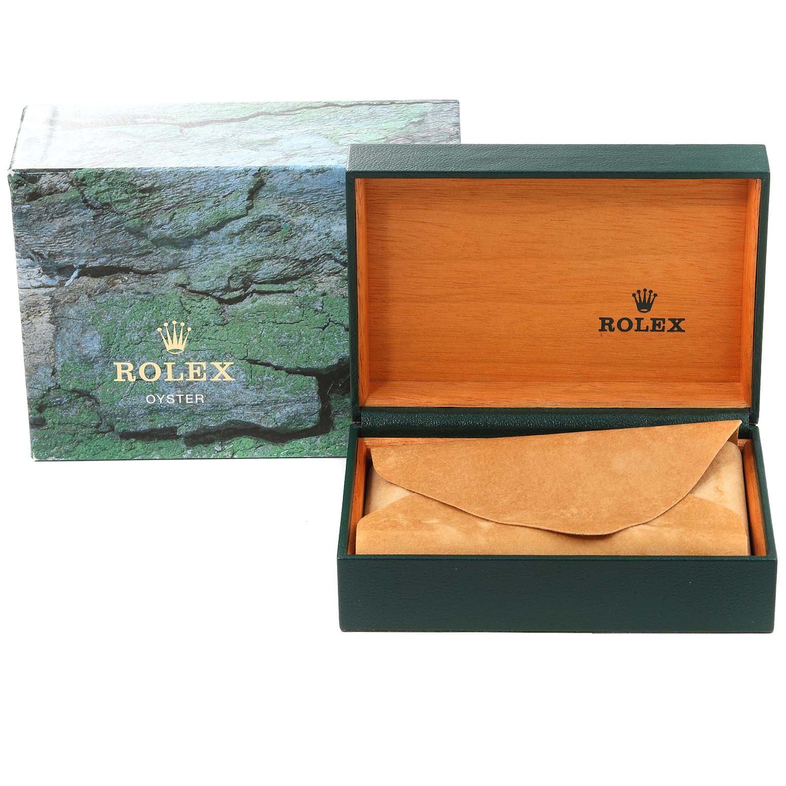 The image shows an open Rolex Datejust 16233 Men's Steel and Gold (two tone) Mother of Pearl Dial 16233 Men's Steel and Gold (two tone) Mother of Pearl Dial watch box with the outer and inner boxes visible from a front-facing angle.