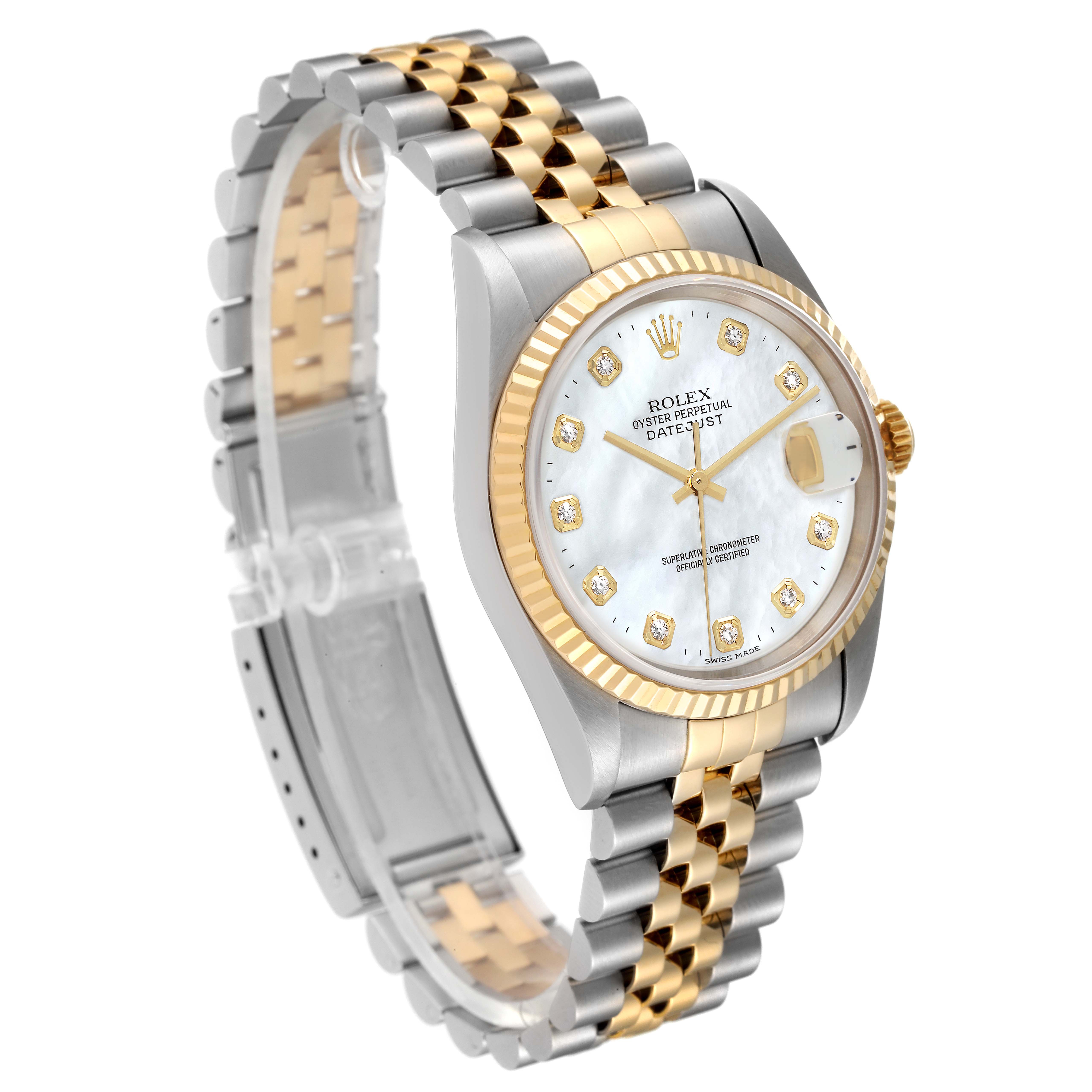 This image shows a Rolex Datejust 16233 Men's Steel and Gold (two tone) Mother of Pearl Dial 16233 Men's Steel and Gold (two tone) Mother of Pearl Dial watch at a slight angle, highlighting the bezel, dial, bracelet, and clasp.