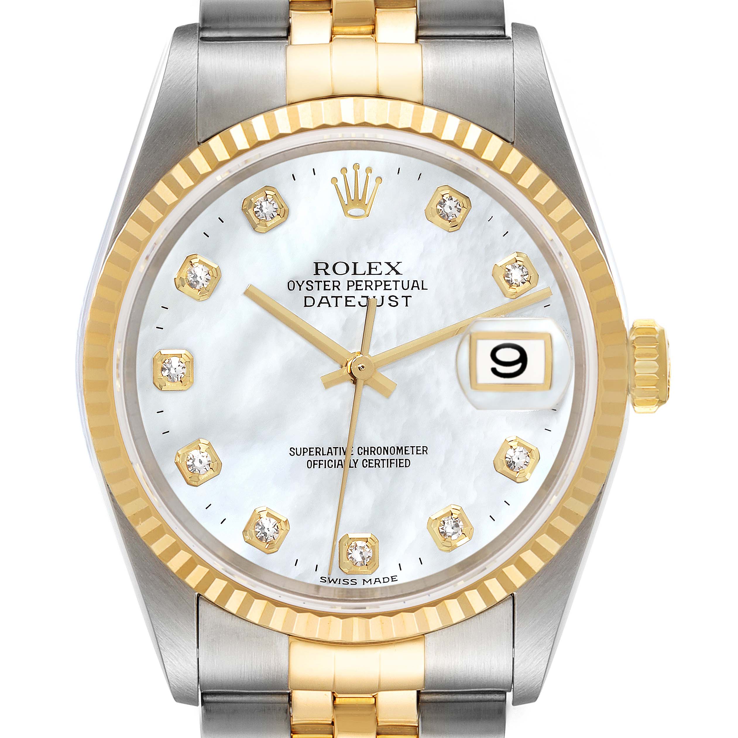 This image shows a close-up, front view of the Rolex Datejust 16233 Men's Steel and Gold (two tone) Mother of Pearl Dial 16233 Men's Steel and Gold (two tone) Mother of Pearl Dial watch, featuring its dial, hands, date window, and part of the bracelet.