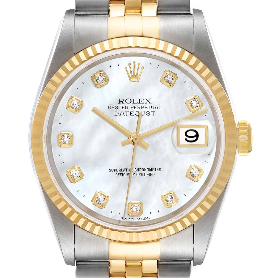 Rolex Datejust Steel Yellow Gold Mother of Pearl Diamond Dial Mens Watch 16233 SwissWatchExpo