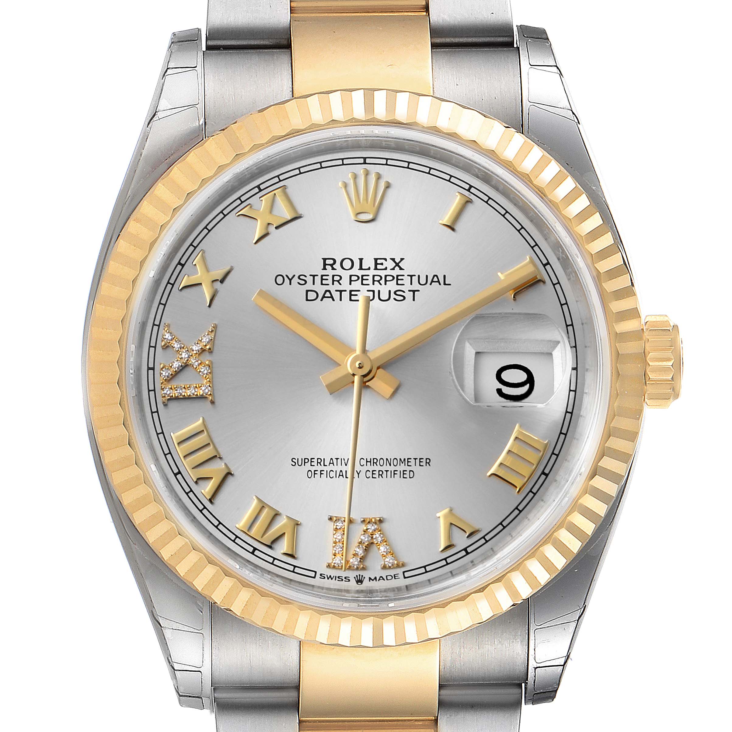 The Rolex Datejust 126233 Men's Steel and Gold (two tone) Silver Dial 126233 Men's Steel and Gold (two tone) Silver Dial watch is shown from a front angle, displaying its dial, bezel, hands, hour markers, and bracelet.