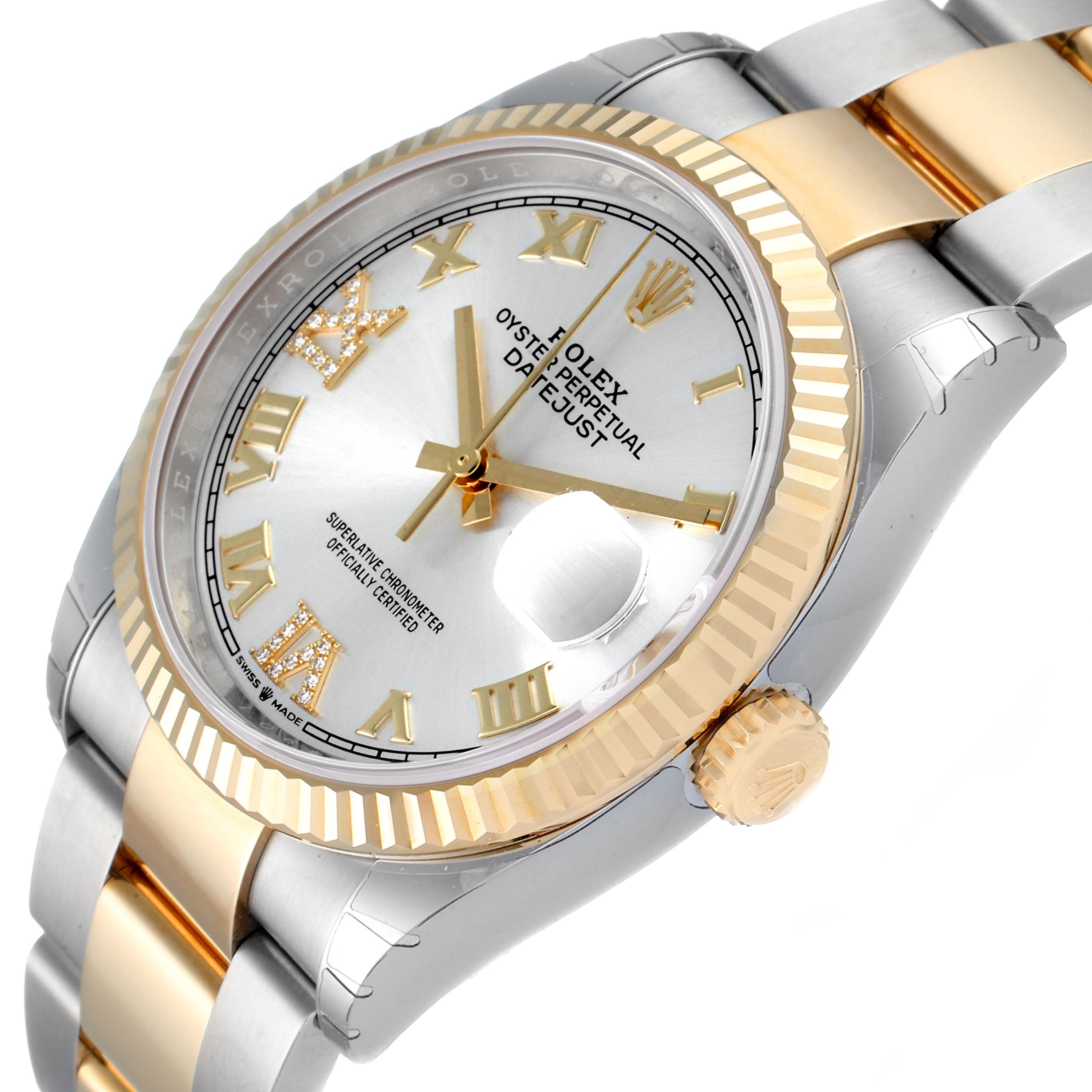 The image shows a Rolex Datejust 126233 Men's Steel and Gold (two tone) Silver Dial 126233 Men's Steel and Gold (two tone) Silver Dial watch from a slight angled view, featuring the dial, bezel, crown, and part of the bracelet.