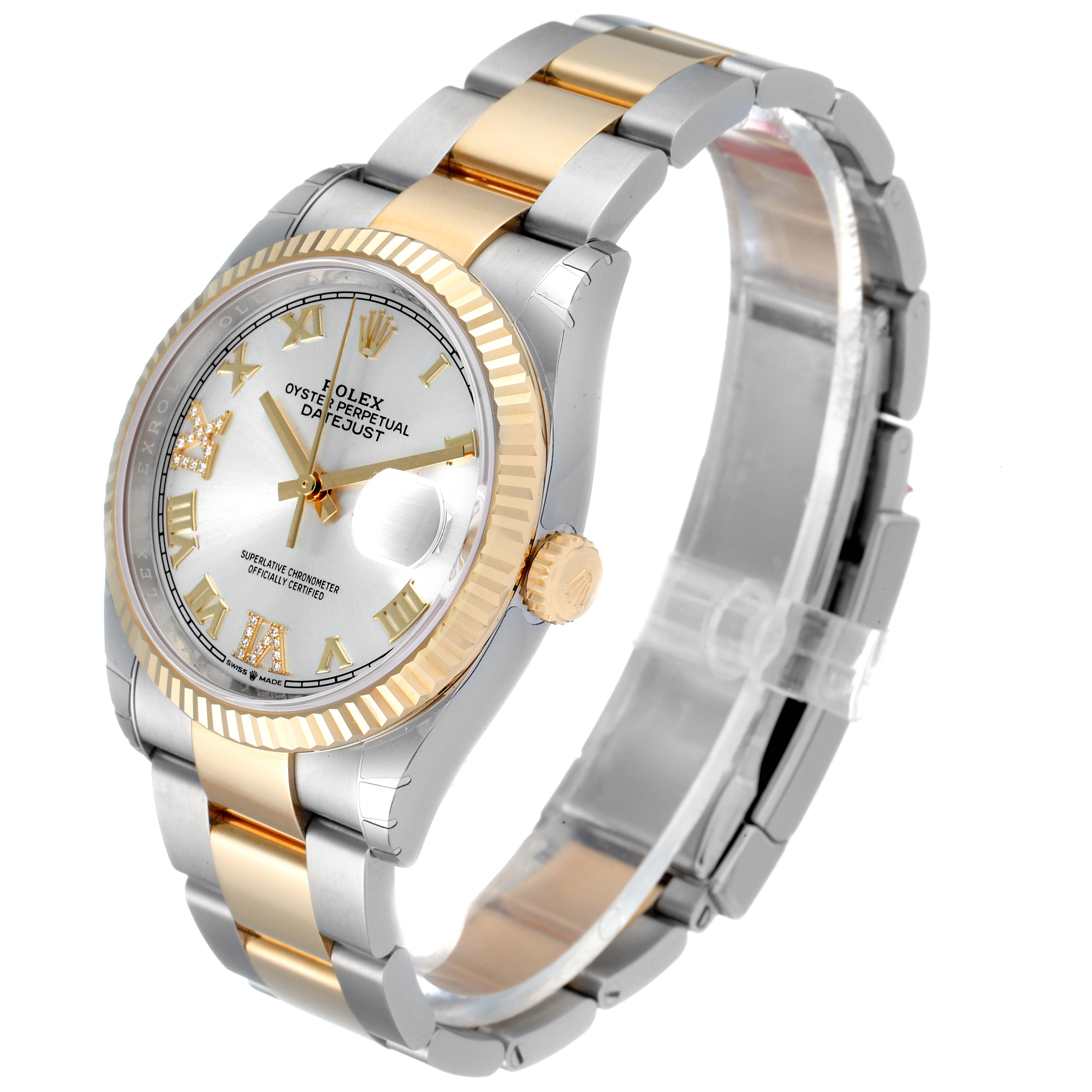 The image shows a Rolex Datejust 126233 Men's Steel and Gold (two tone) Silver Dial 126233 Men's Steel and Gold (two tone) Silver Dial model watch at an angled view, highlighting its bezel, dial, crown, and bracelet.