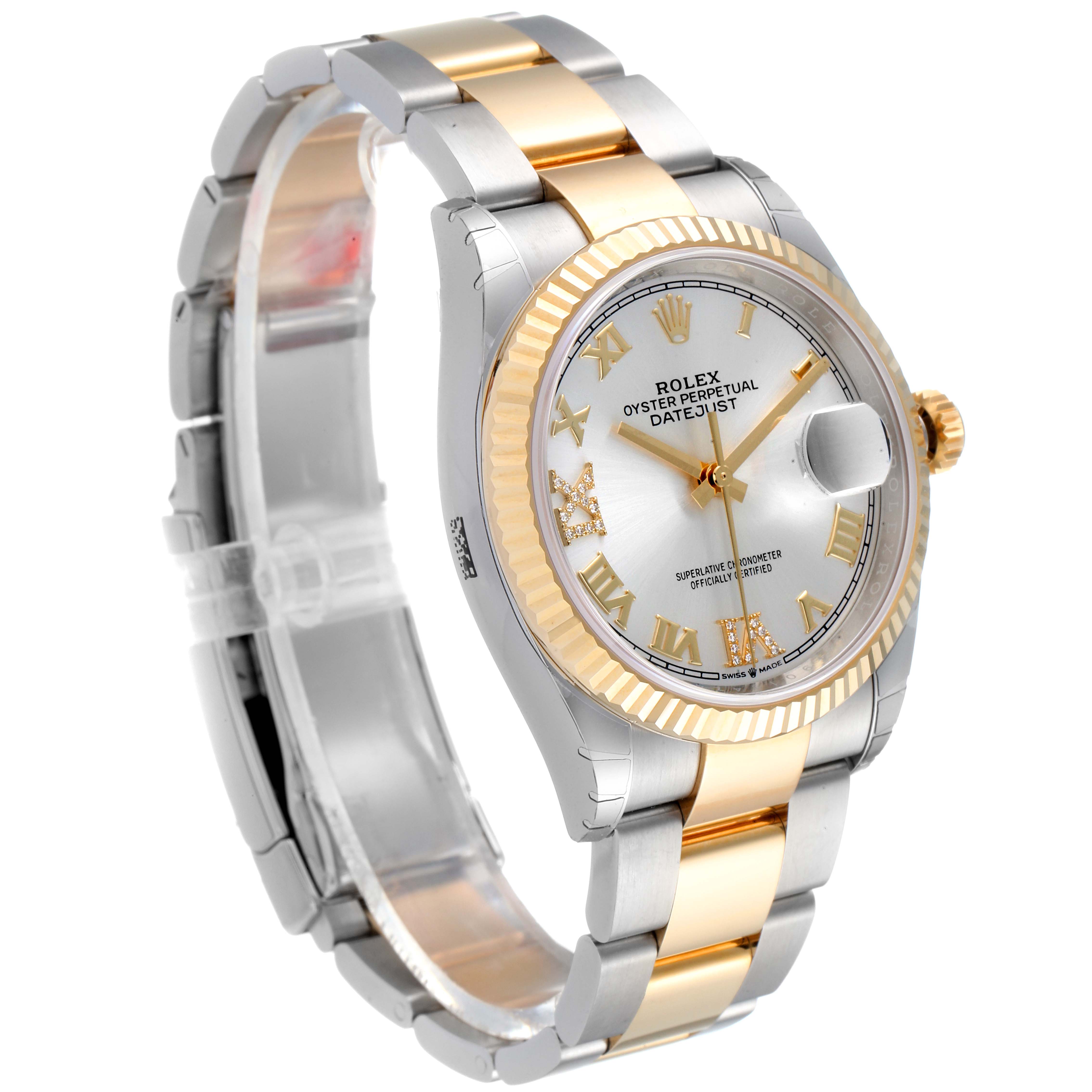 This image shows a Rolex Datejust 126233 Men's Steel and Gold (two tone) Silver Dial 126233 Men's Steel and Gold (two tone) Silver Dial watch at a three-quarter angle, highlighting the silver and gold bracelet, bezel, and dial.