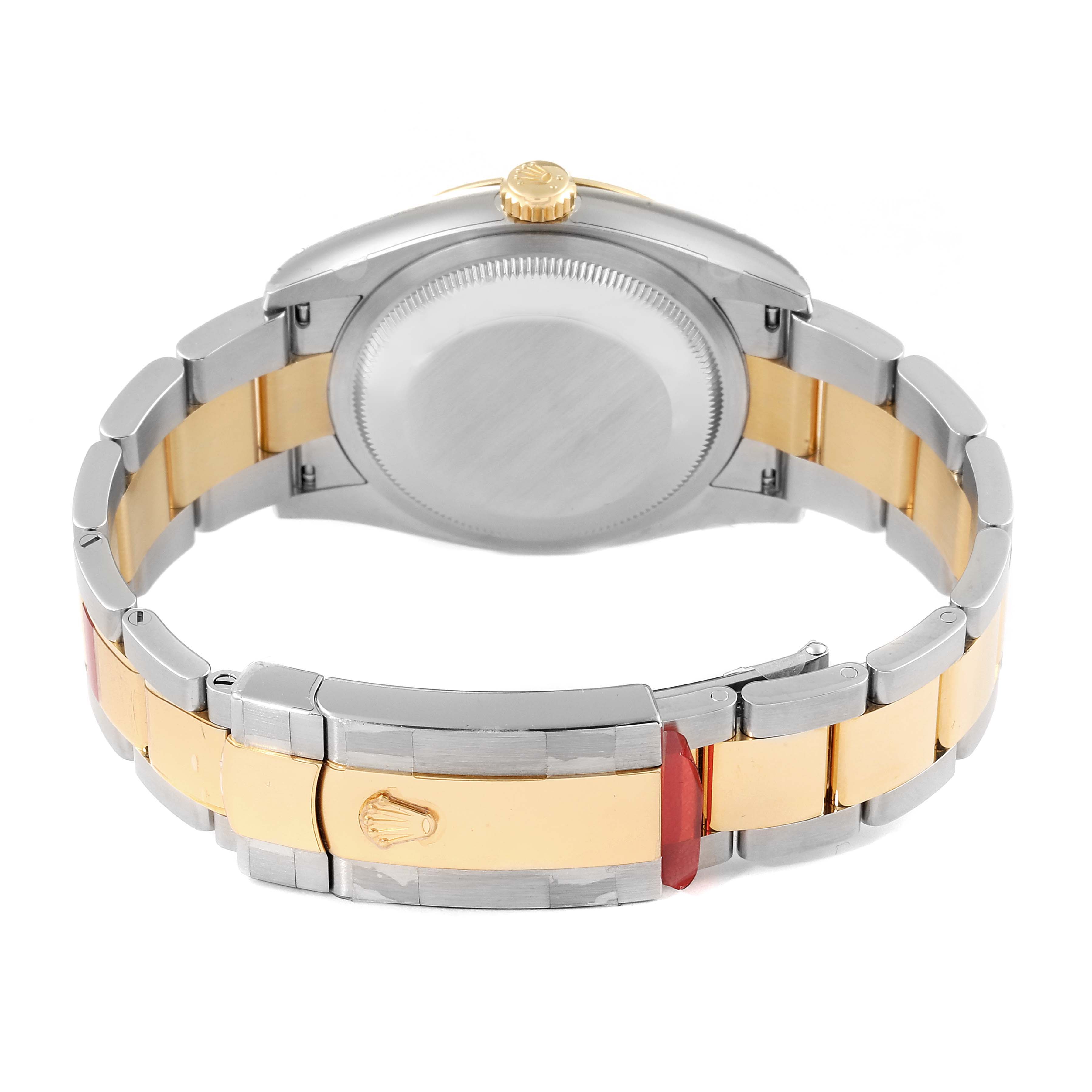 This image shows the back and bracelet of a Rolex Datejust 126233 Men's Steel and Gold (two tone) Silver Dial 126233 Men's Steel and Gold (two tone) Silver Dial watch, highlighting the bi-metallic links and the clasp with the Rolex logo.