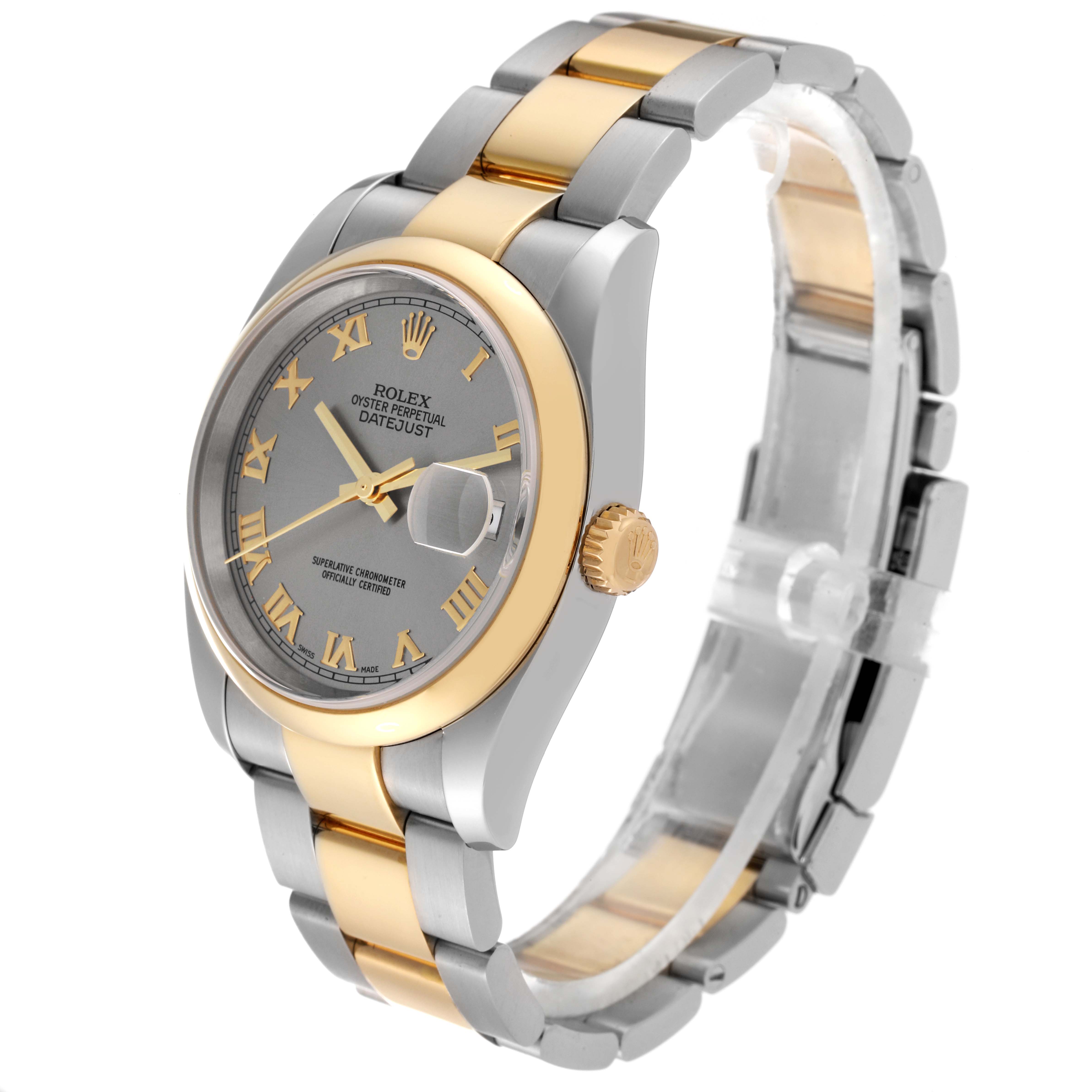 The image shows a Rolex Datejust 116203 Men's Steel and Gold (two tone) Silver Dial 116203 Men's Steel and Gold (two tone) Silver Dial watch at a three-quarter angle, highlighting the dial, bracelet, and crown.