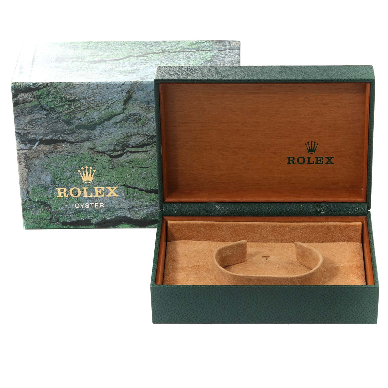 This image shows an open and empty Rolex Datejust 116203 Men's Steel and Gold (two tone) Silver Dial 116203 Men's Steel and Gold (two tone) Silver Dial watch box and its outer packaging.