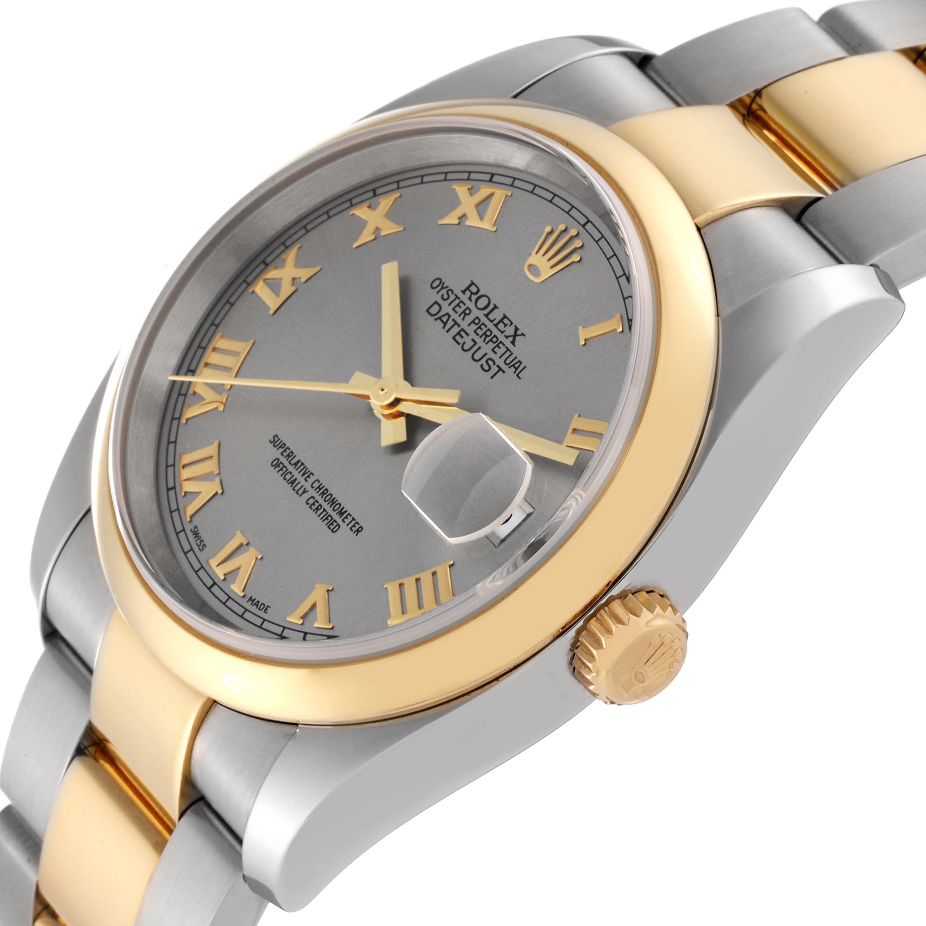 The image shows a close-up angled view of a Rolex Datejust 116203 Men's Steel and Gold (two tone) Silver Dial 116203 Men's Steel and Gold (two tone) Silver Dial watch, highlighting the dial, crown, and bracelet.