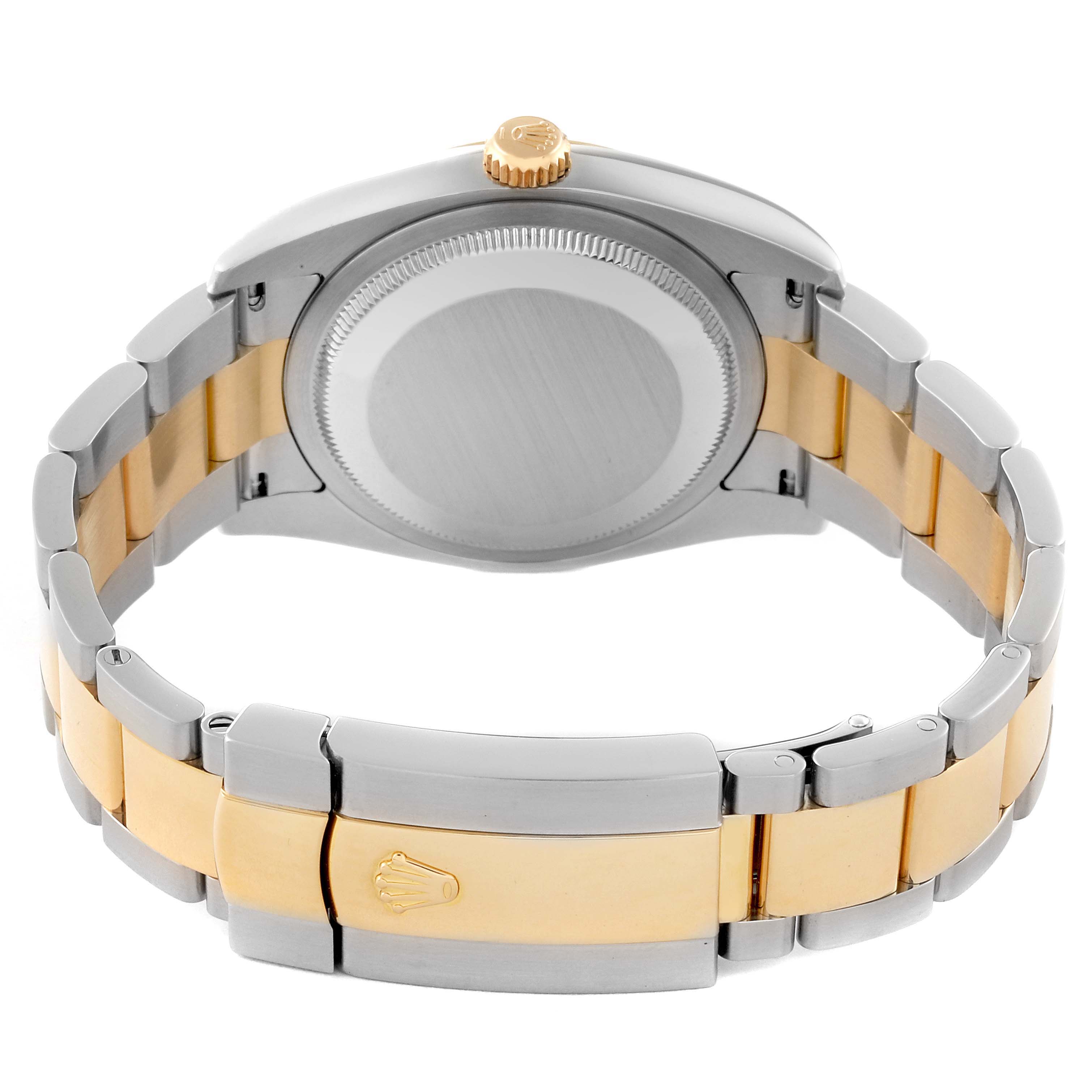 This image shows the back and clasp of a Rolex Datejust 116203 Men's Steel and Gold (two tone) Silver Dial 116203 Men's Steel and Gold (two tone) Silver Dial watch, highlighting its two-tone bracelet design.