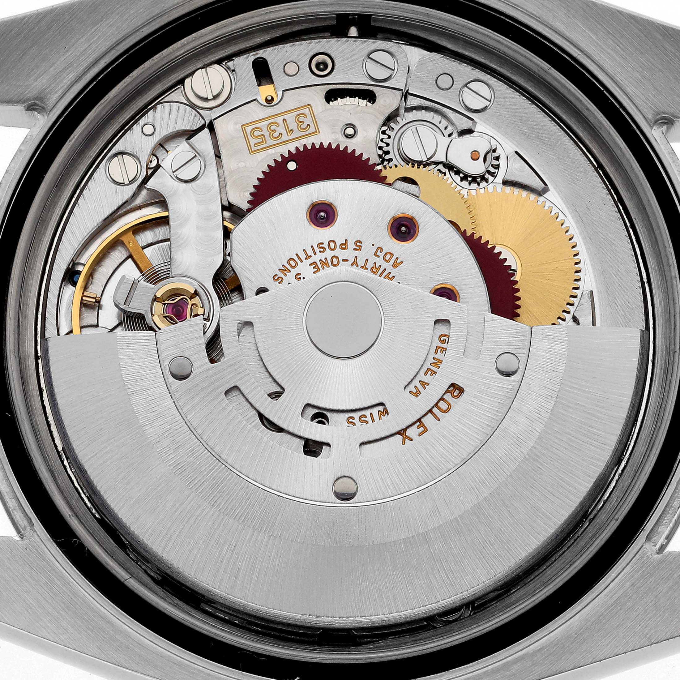 The image shows the internal mechanical movement of the Rolex Datejust 116203 Men's Steel and Gold (two tone) Silver Dial 116203 Men's Steel and Gold (two tone) Silver Dial watch from a back view.