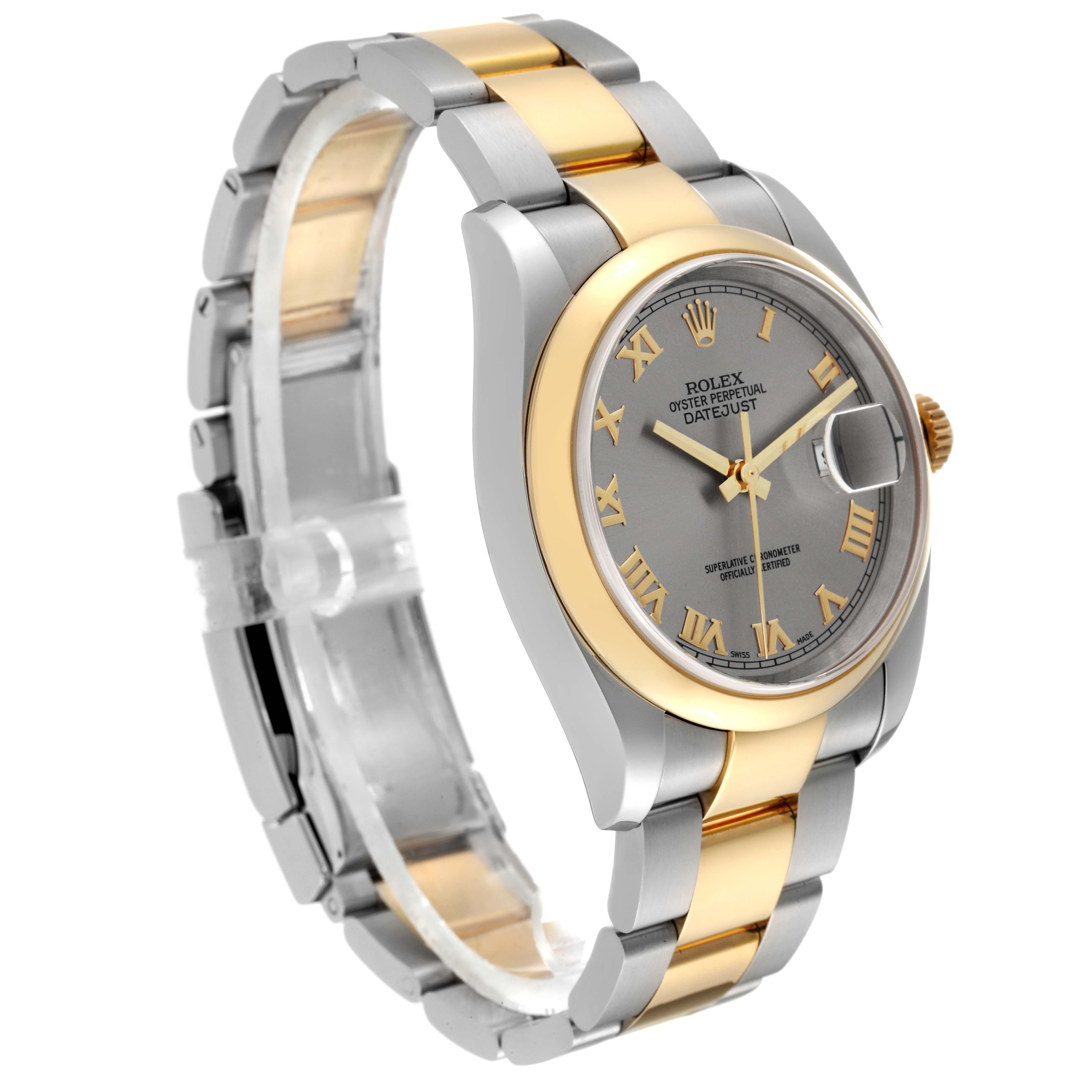 The image shows a side angle of a Rolex Datejust 116203 Men's Steel and Gold (two tone) Silver Dial 116203 Men's Steel and Gold (two tone) Silver Dial watch, highlighting its gray dial, gold bezel, and bicolor bracelet.