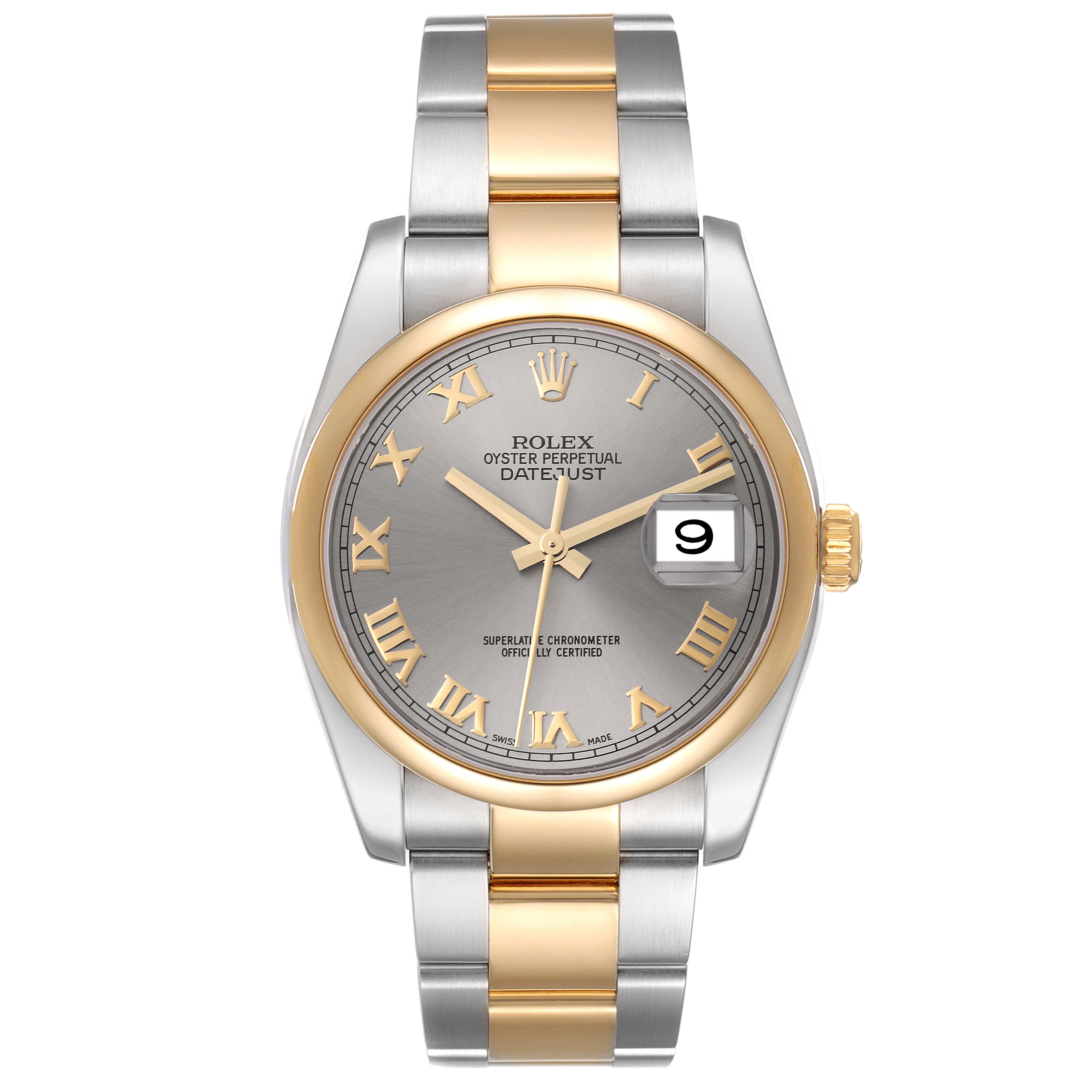 The image shows a front view of a Rolex Datejust 116203 Men's Steel and Gold (two tone) Silver Dial 116203 Men's Steel and Gold (two tone) Silver Dial watch with a gold and silver bracelet and a grey dial.