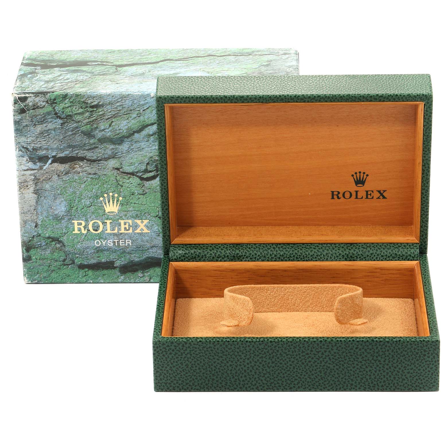 The image shows an open box for a Rolex Datejust 16233 Men
s Steel and Gold (two tone) White Dial 16233 Men
s Steel and Gold (two tone) White Dial watch, displaying both the interior and exterior packaging.