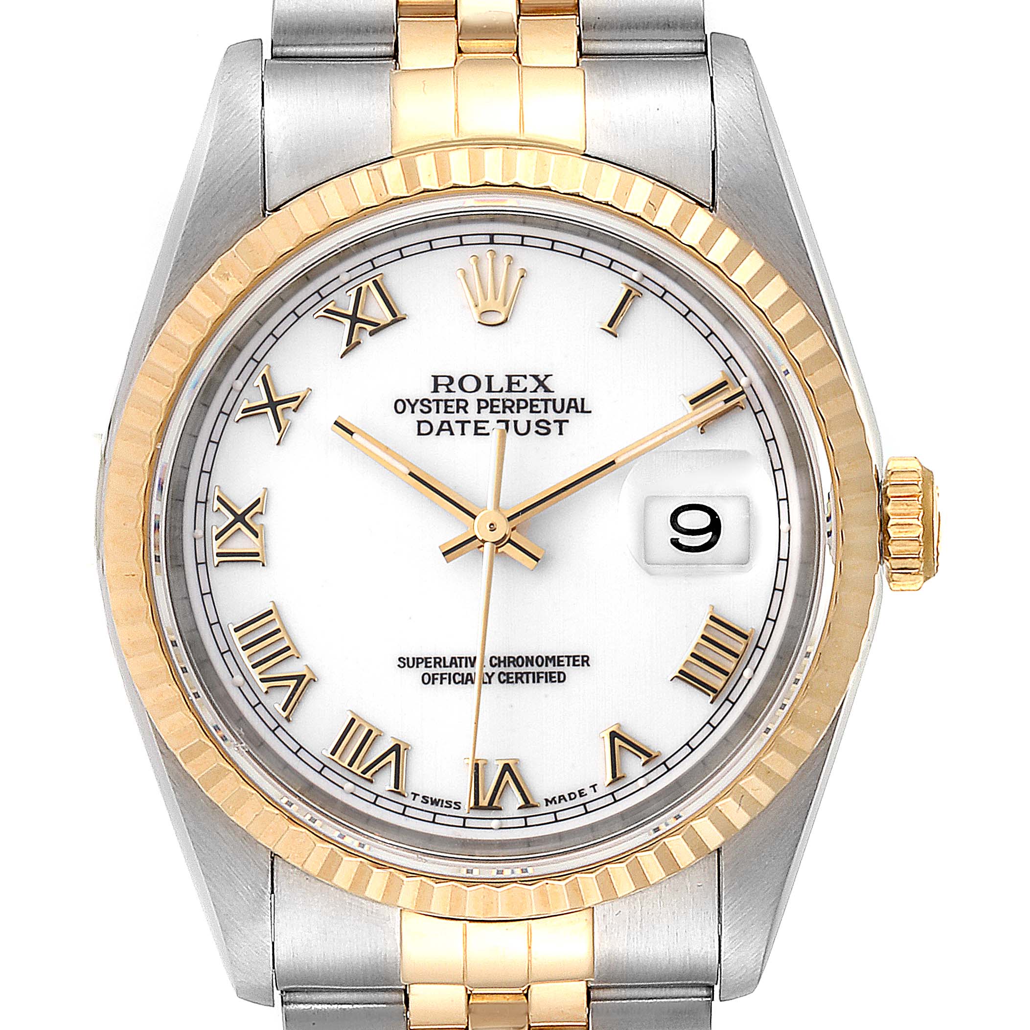 The image shows a front view of a Rolex Datejust 16233 Men
s Steel and Gold (two tone) White Dial 16233 Men
s Steel and Gold (two tone) White Dial watch, highlighting the dial, bezel, and part of the bracelet.