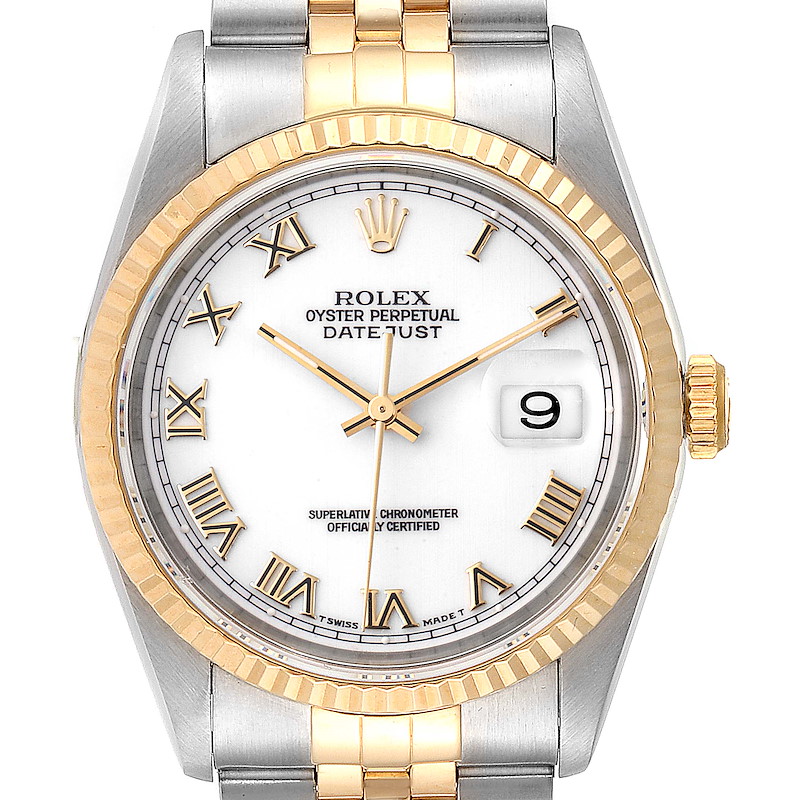 The image shows a front view of a Rolex Datejust watch, highlighting the dial, bezel, and part of the bracelet.