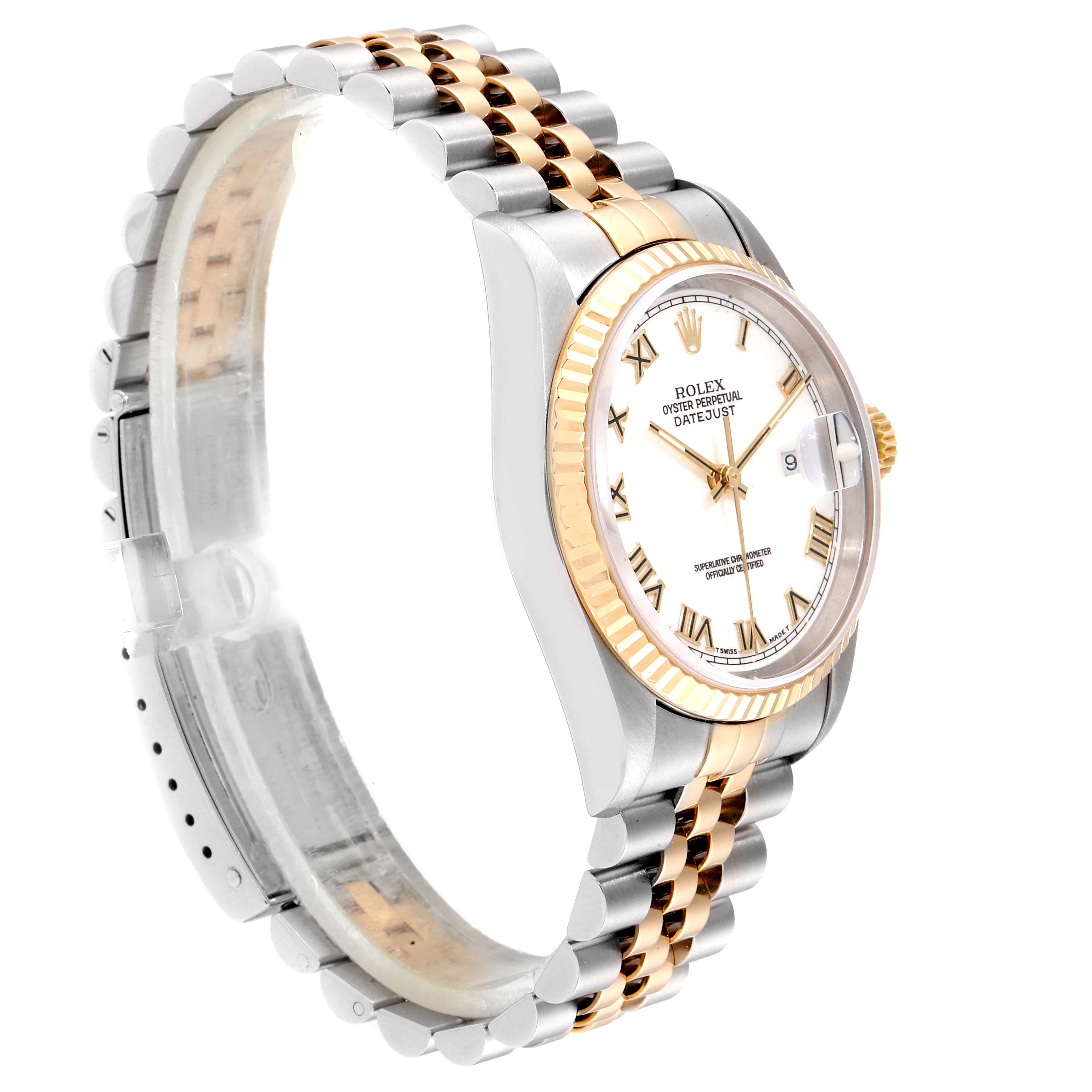 The image shows a Rolex Datejust 16233 Men
s Steel and Gold (two tone) White Dial 16233 Men
s Steel and Gold (two tone) White Dial watch at a slight angle, highlighting its face, bezel, and jubilee bracelet.