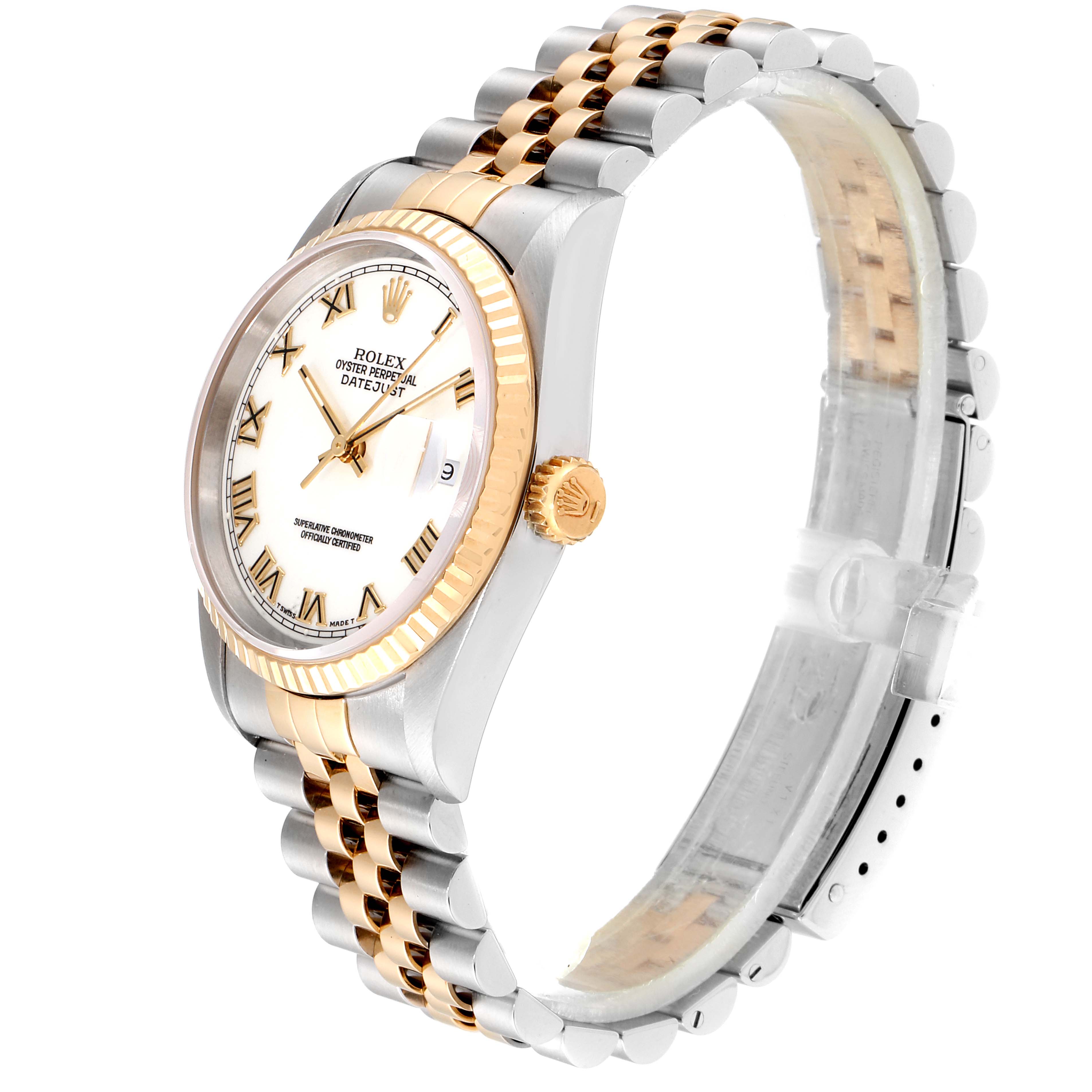 The Rolex Datejust 16233 Men
s Steel and Gold (two tone) White Dial 16233 Men
s Steel and Gold (two tone) White Dial watch is shown at a side angle, featuring the face, bezel, crown, and jubilee bracelet.